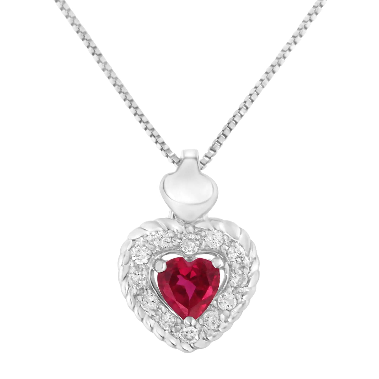 .925 Sterling Silver, ¾ Cttw Lab-Created Ruby, ¼ Cttw Diamond Heart RiElevate your style with this stunning .925 Sterling Silver Jewelry Set featuring a ¾ carat total weight lab-created ruby and ¼ carat total weight diamonds (I-J Color925 Sterling Silver ¾ Cttw Lab-Created Ruby ¼ Cttw Diamond Heart Ring EarringsNecklace925 Sterling Silver ¾ Cttw Lab-Created Ruby ¼ Cttw Diamond Heart Ring Earrings