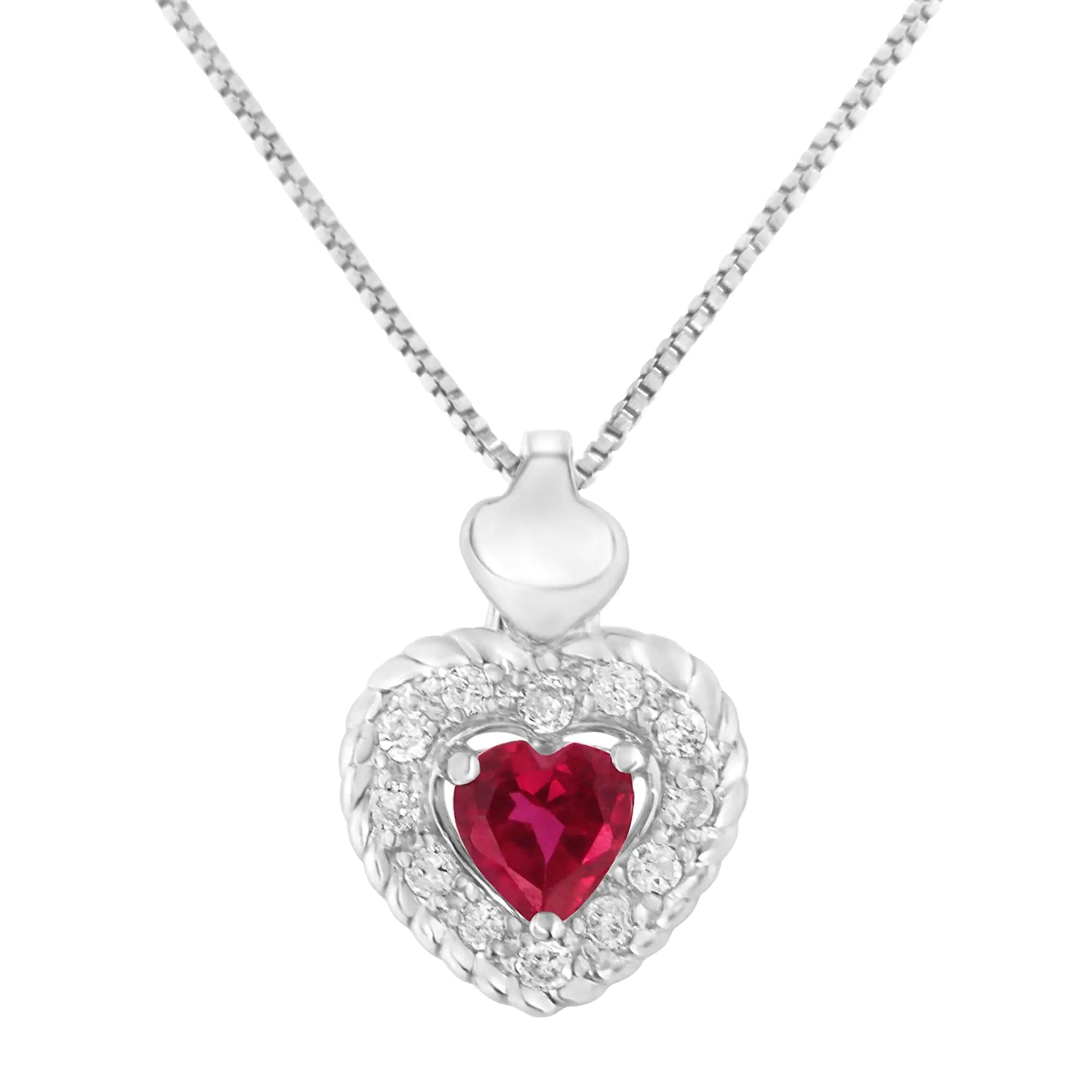 .925 Sterling Silver, ¾ Cttw Lab-Created Ruby, ¼ Cttw Diamond Heart RiElevate your style with this stunning .925 Sterling Silver Jewelry Set featuring a ¾ carat total weight lab-created ruby and ¼ carat total weight diamonds (I-J Color925 Sterling Silver ¾ Cttw Lab-Created Ruby ¼ Cttw Diamond Heart Ring EarringsNecklace925 Sterling Silver ¾ Cttw Lab-Created Ruby ¼ Cttw Diamond Heart Ring Earrings