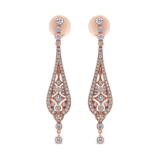 18K rose gold diamond milgrain edged vintage art deco dangle earrings