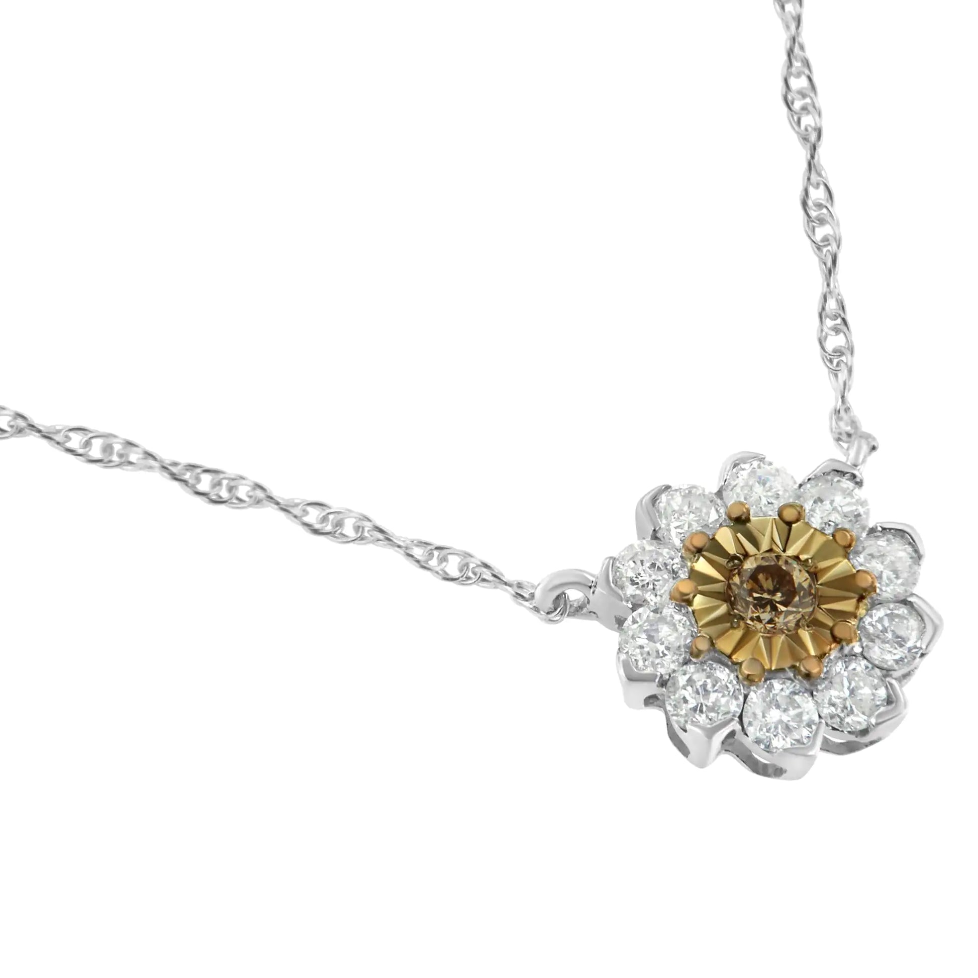 Brown Rhodium over .925 Sterling Silver 1/2 Cttw Diamond Miracle PlateThis stunning floral pendant necklace features ½ carat total weight with 11 individual stones. The center of the pendant features a round, brilliant cut diamond in aBrown RhodiumBrown Rhodium