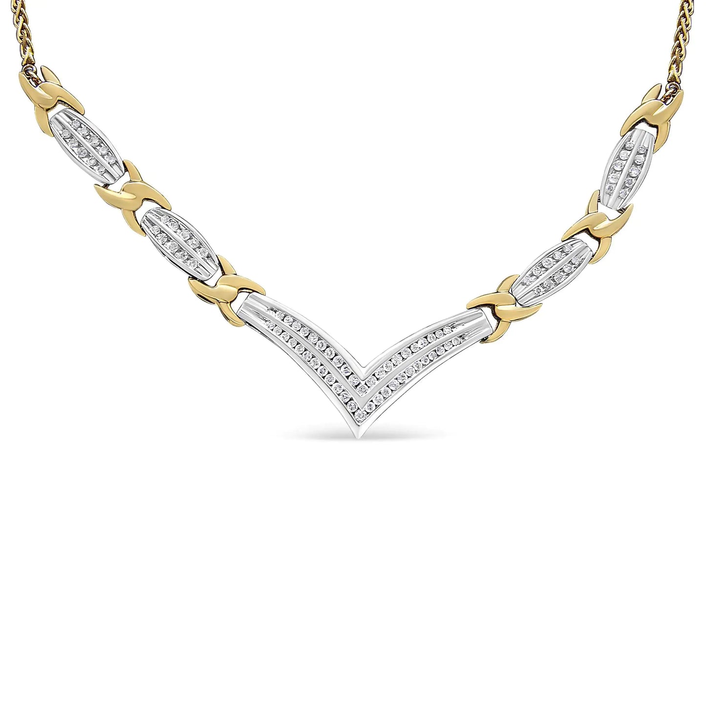 10K Yellow and White Gold 1.0 Cttw Round and Princess cut Diamond "V" Surprise her by presenting this beautiful neck piece. This elegant piece is crafted from alluring weaves of 14k white and yellow gold. Formed in an elegant V shape, White Gold 1NecklacesWhite Gold 1