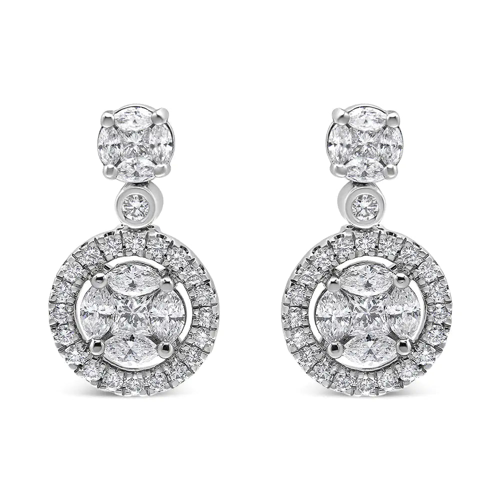 18K white gold diamond halo dangle stud earrings with round composite design.