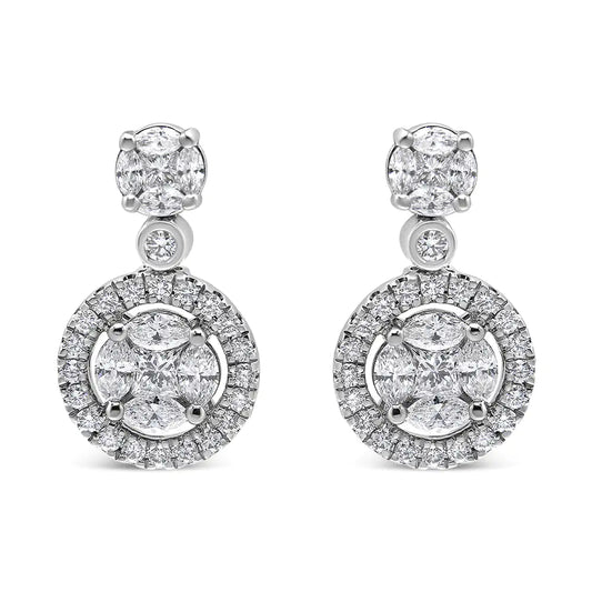 18K white gold diamond halo dangle stud earrings with round composite design.