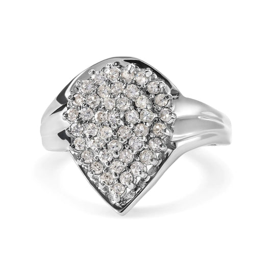 10K white gold diamond pear-shaped cluster ring with 1/2 carat total weight, H-I color, I1-I2 clarity.