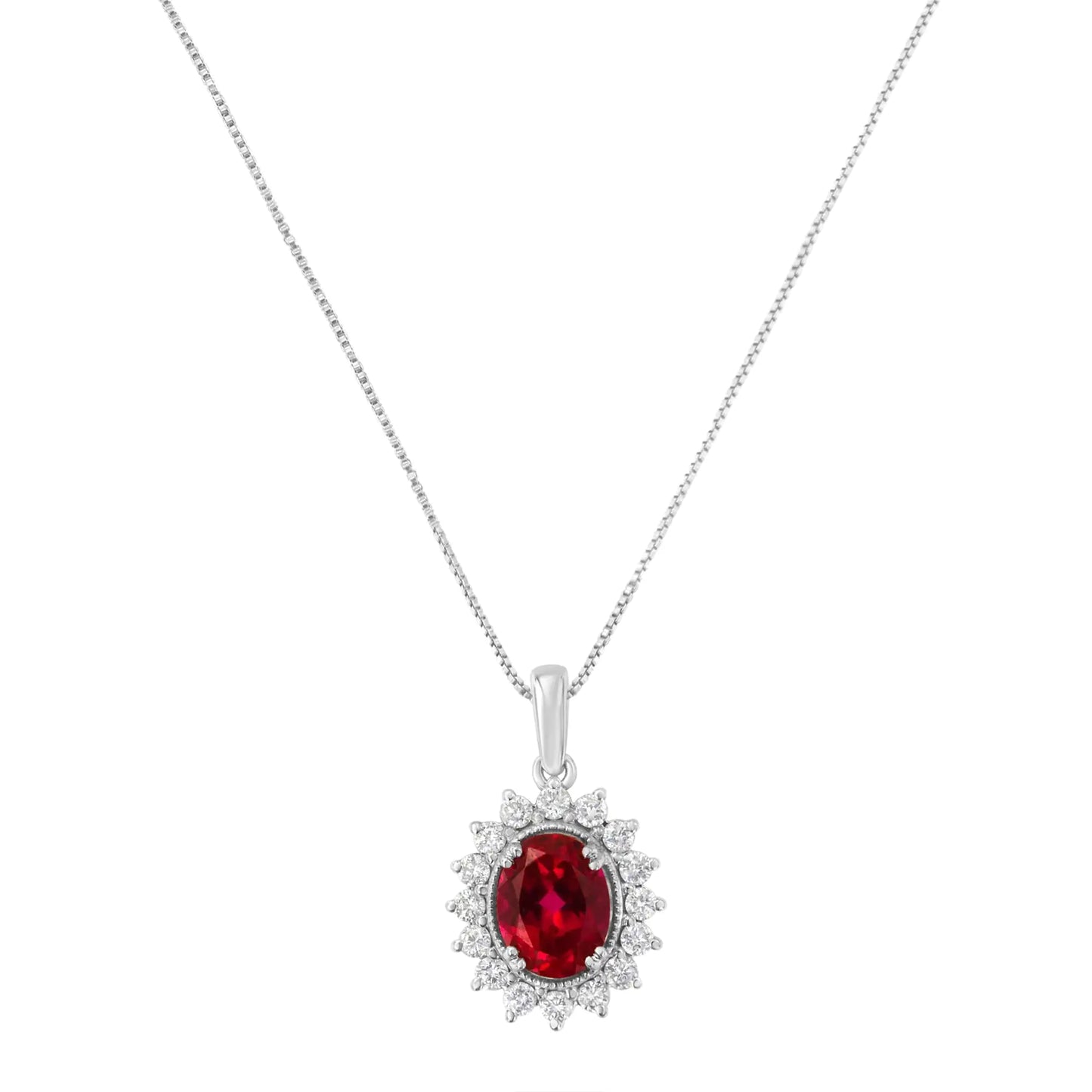 10K White Gold Created 9MM Ruby Gemstone and Natural Diamond Pendant NA delicate box chain holds a breathtaking oval ruby halo pendant. The dazzling 9MM oval cut red ruby gemstone is enhanced by a halo of 1/2ct round cut diamonds. The 10K White Gold Created 9MM Ruby GemstoneNecklace10K White Gold Created 9MM Ruby Gemstone