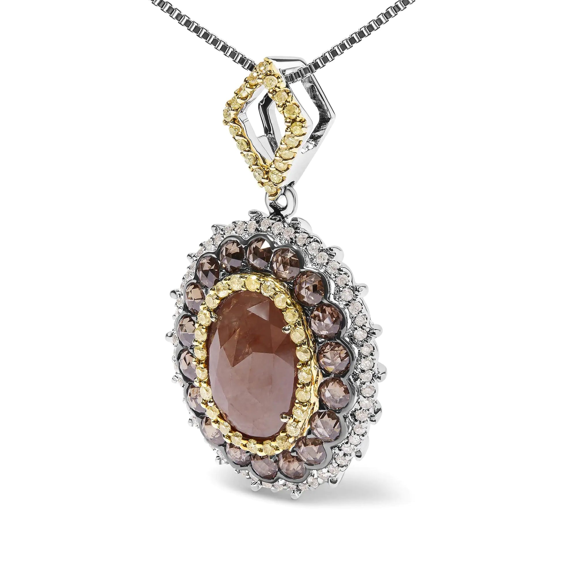 14K White Gold 3.00 Cttw Rose Cut Fancy Colored Diamond Triple Halo 18Introducing a mesmerizing masterpiece that encapsulates elegance and allure. Crafted in 14K white gold, this pendant necklace features a remarkable 3.00 carat total 14K White Gold 314K White Gold 3