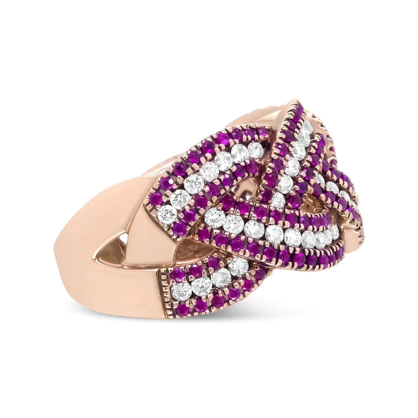 18K Rose Gold Red Ruby and 7/8 Cttw Diamond Woven Braided Band Ring (FRubies and diamonds dance delicately across this 18k rose gold band. Crafted with an intricate, bypass design, this ring is set with a total carat weight of 7/8 c.t.18K Rose Gold Red Ruby18K Rose Gold Red Ruby