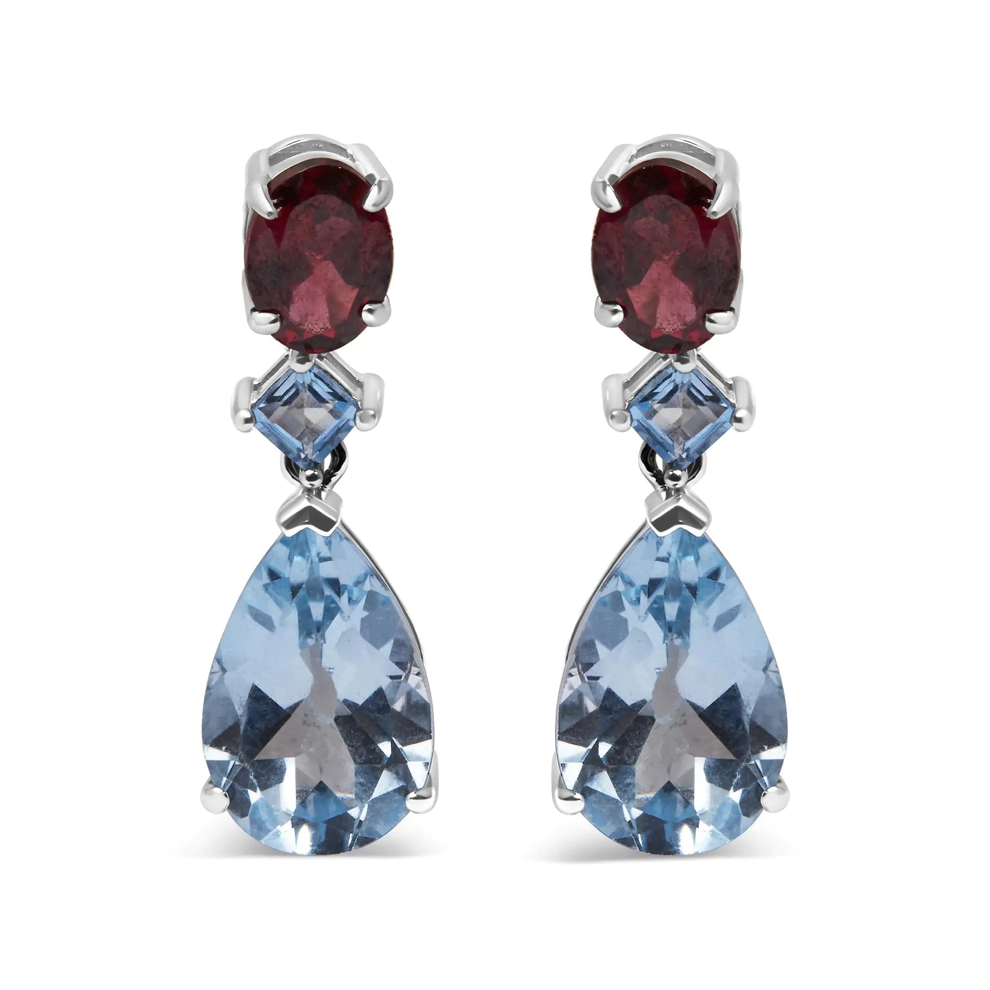 925 Sterling Silver Blue Topaz and Grape Rhodolite Garnet Dangle Drop Earrings