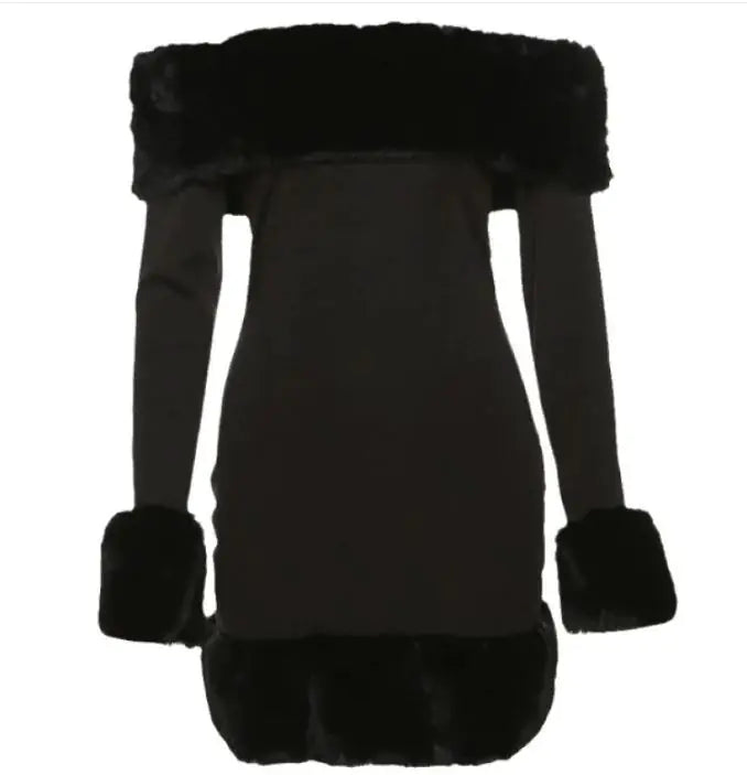 Chic Fluffy Fur Collar Patchwork Black Mini DressProduct Description:Turn heads wherever you go with the Chic Fluffy Fur Collar Patchwork Black Mini Dress, a stunning blend of bold style and modern sophistication. Chic Fluffy Fur Collar Patchwork Black Mini DressChic Fluffy Fur Collar Patchwork Black Mini Dress