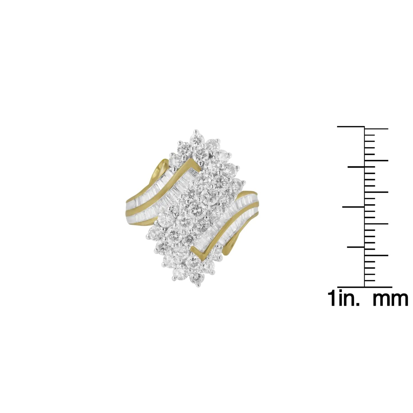 10kt Yellow Gold Diamond Cluster Ring (2 5/8 cttw, H-I Color, SI2-I1 CA diamond cluster ring that glistens with a striking 81 diamonds arranged in a retro style. The mix of round brilliant cut and baguette diamonds adds a geometric con10kt Yellow Gold Diamond Cluster Ring (2 5/8 cttw,Rings10kt Yellow Gold Diamond Cluster Ring (2 5/8 cttw,