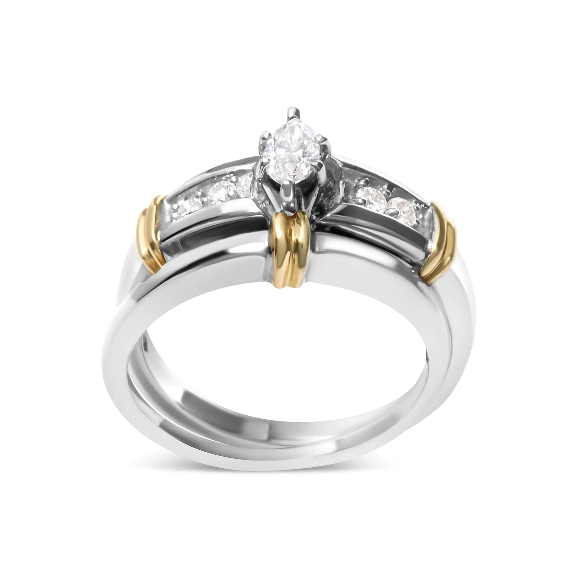 14K yellow and white gold marquise diamond cocktail engagement ring set with round cut diamonds.