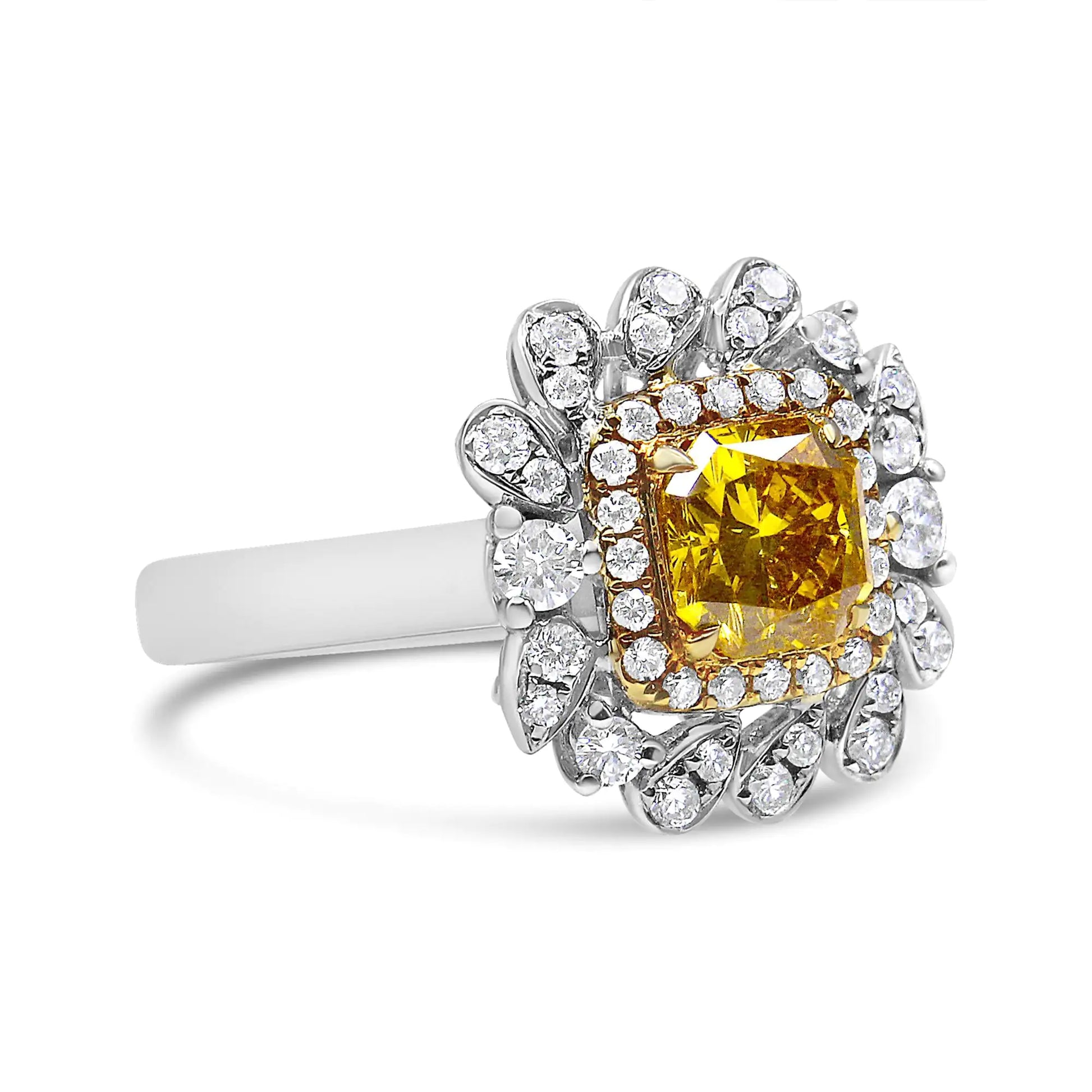 18K White and Yellow Gold 1.76 Cttw Yellow Radiant Lab Grown Center DiBrilliantly designed in an art-deco yet modern style, this glamorous fashion engagement ring showcases a central radiant-cut, lab-grown diamond in a stunning yellow 76 Cttw Yellow Radiant Lab Grown Center Diamond Double Halo Cocktail Ring Yellow76 Cttw Yellow Radiant Lab Grown Center Diamond Double Halo Cocktail Ring Yellow