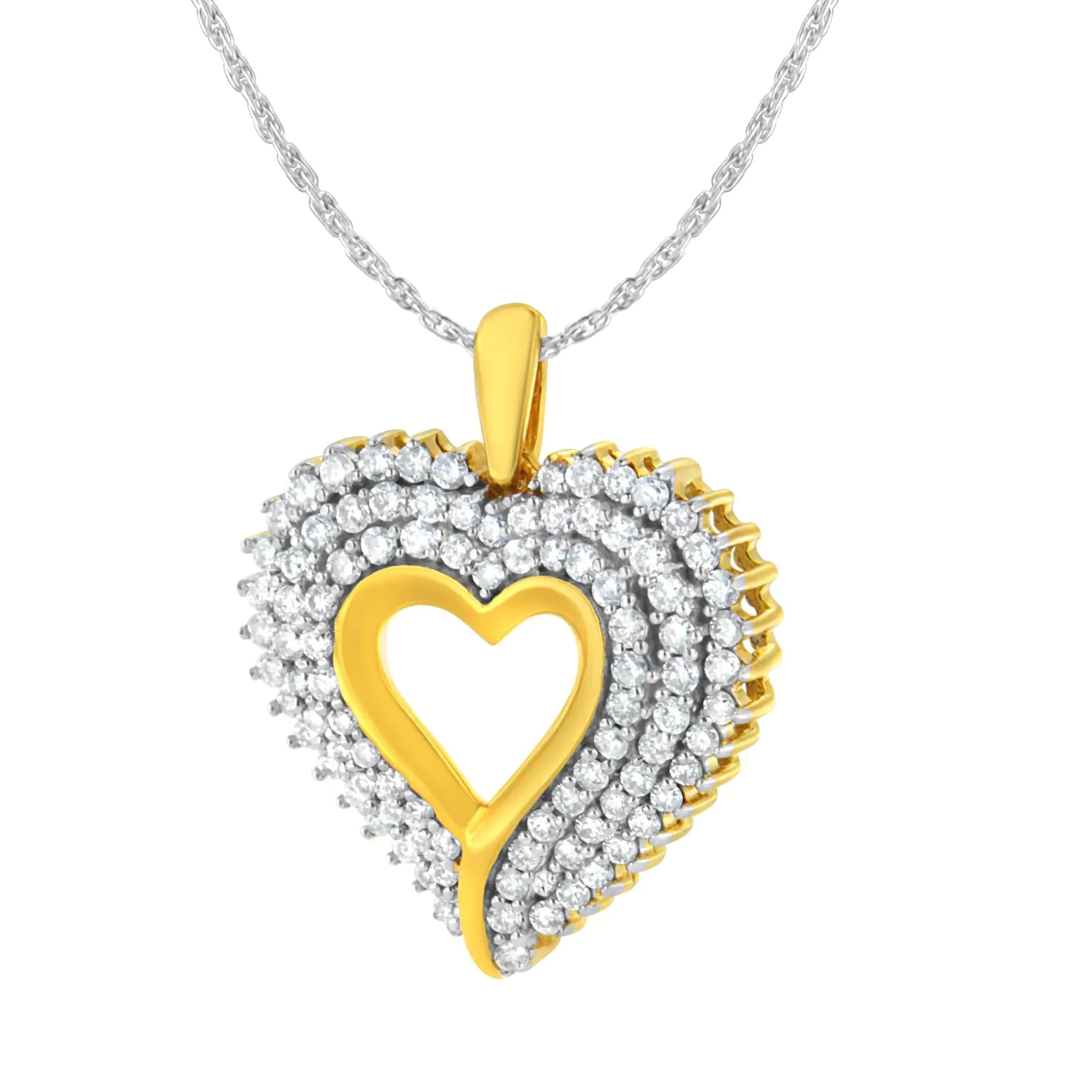 10K Yellow and White Gold Plated Sterling Silver 1 cttw Lab Grown DiamThis beautiful heart pendant necklace is created in the finest 10k yellow and white gold plated sterling silver, and boasts an impressive 1 ct tdw. The sparkling, roWhite Gold Plated Sterling Silver 1 cttw Lab Grown Diamond Heart Pendant Necklace NecklacesWhite Gold Plated Sterling Silver 1 cttw Lab Grown Diamond Heart Pendant Necklace 