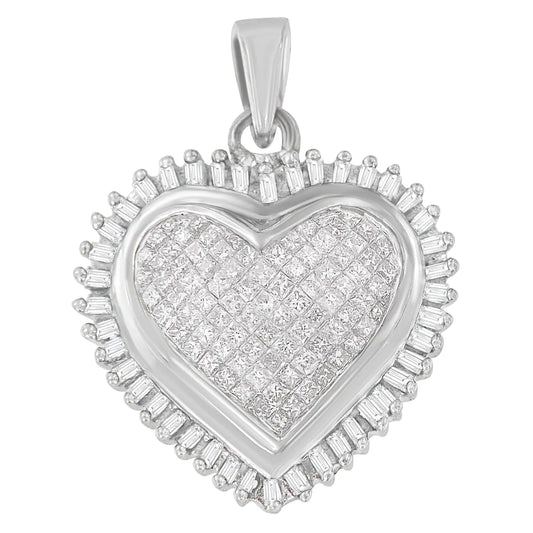 10K white gold heart-shaped pendant with princess and baguette cut diamonds, 1.00 cttw.