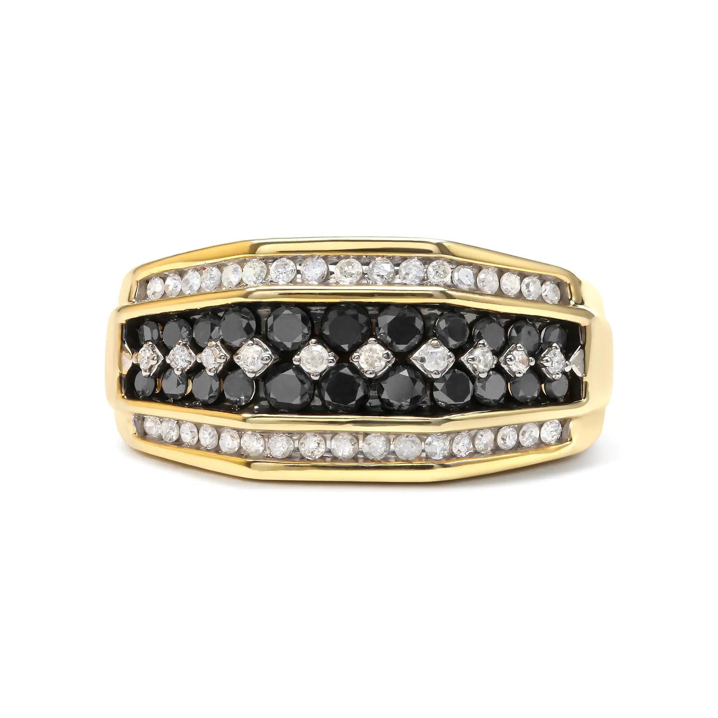 Men's 10K yellow gold diamond cluster ring with black and white treated diamonds.