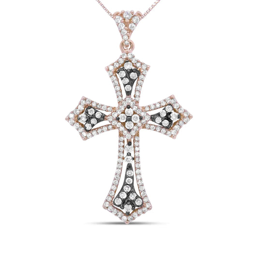 14K rose gold diamond cluster cross pendant necklace with elegant modern design.