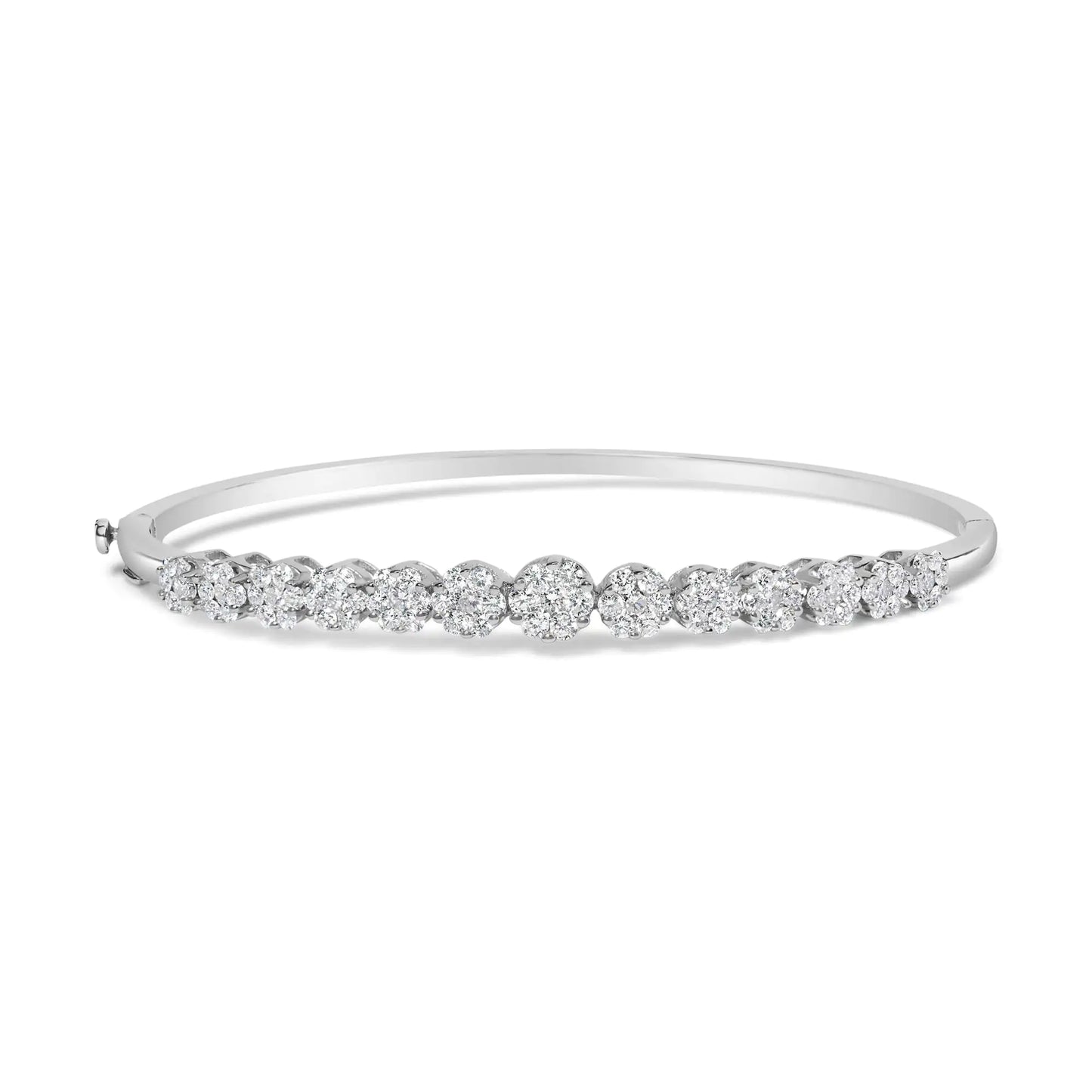 14K White Gold Floral Cluster Diamond Bangle Bracelet with round-cut diamonds.