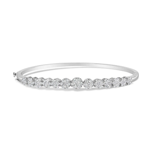 14K White Gold Floral Cluster Diamond Bangle Bracelet with round-cut diamonds.