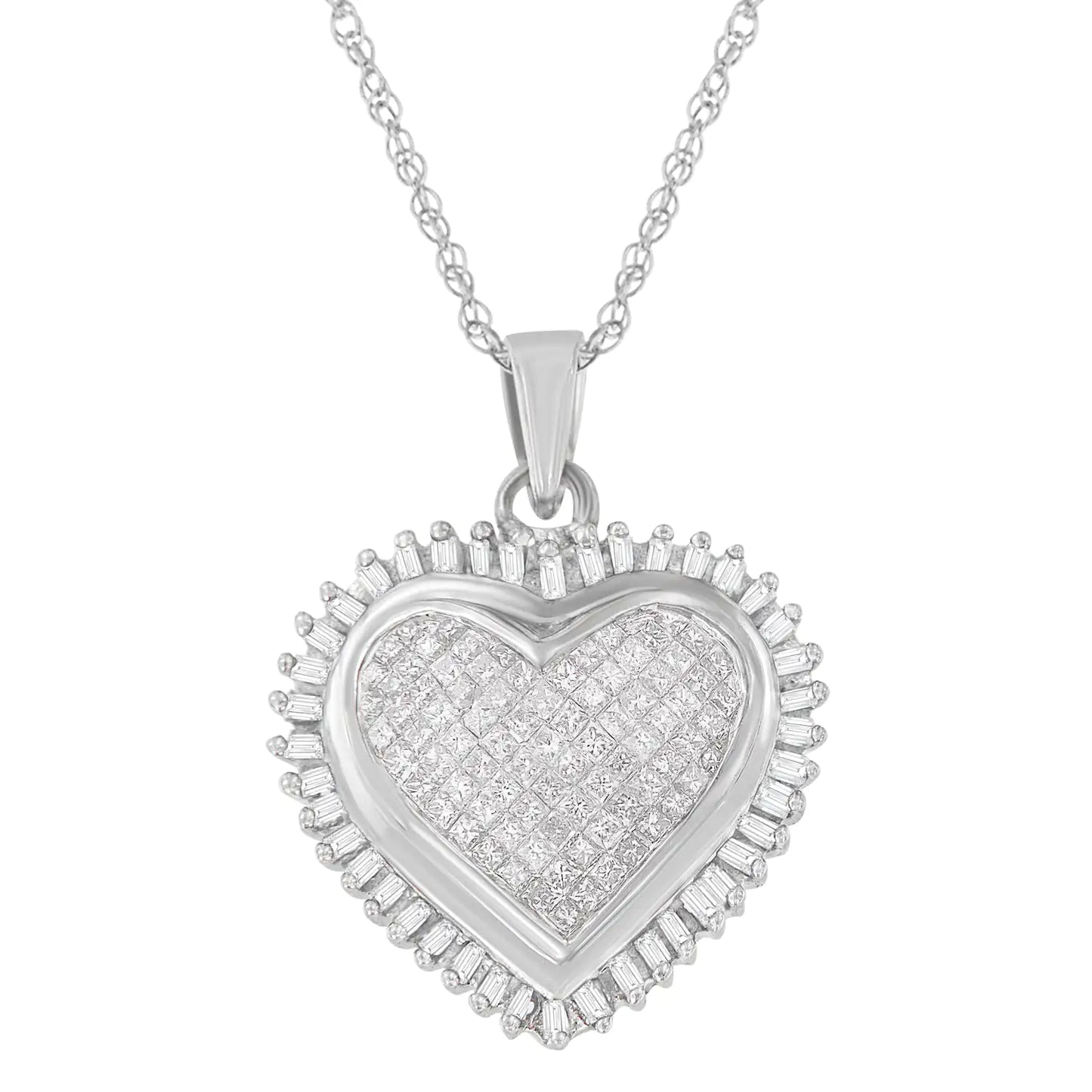 10K White Gold Princess and Baguette Cut Diamond Forever Love Halo PenCelebrate timeless elegance with this 10K white gold pendant necklace, featuring a stunning princess and baguette cut diamond design. With 1.00 cttw of sparkling dia10K White Gold PrincessNecklace10K White Gold Princess