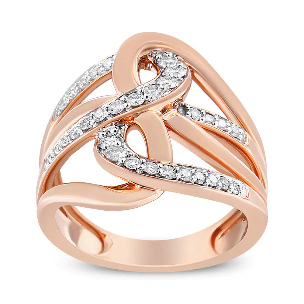 10K Rose Gold 1/2 Cttw Round-Cut Diamond Intertwined Multi-Loop CocktaIntricately crafted, this 10k rose gold cocktail ring has a unique intertwined multi-loop design. Loops of rose gold bypass loops embellished with natural, round-cut10K Rose Gold 1/2 Cttw Round-Cut Diamond Intertwined Multi-Loop Cocktail Ring (Rings10K Rose Gold 1/2 Cttw Round-Cut Diamond Intertwined Multi-Loop Cocktail Ring (