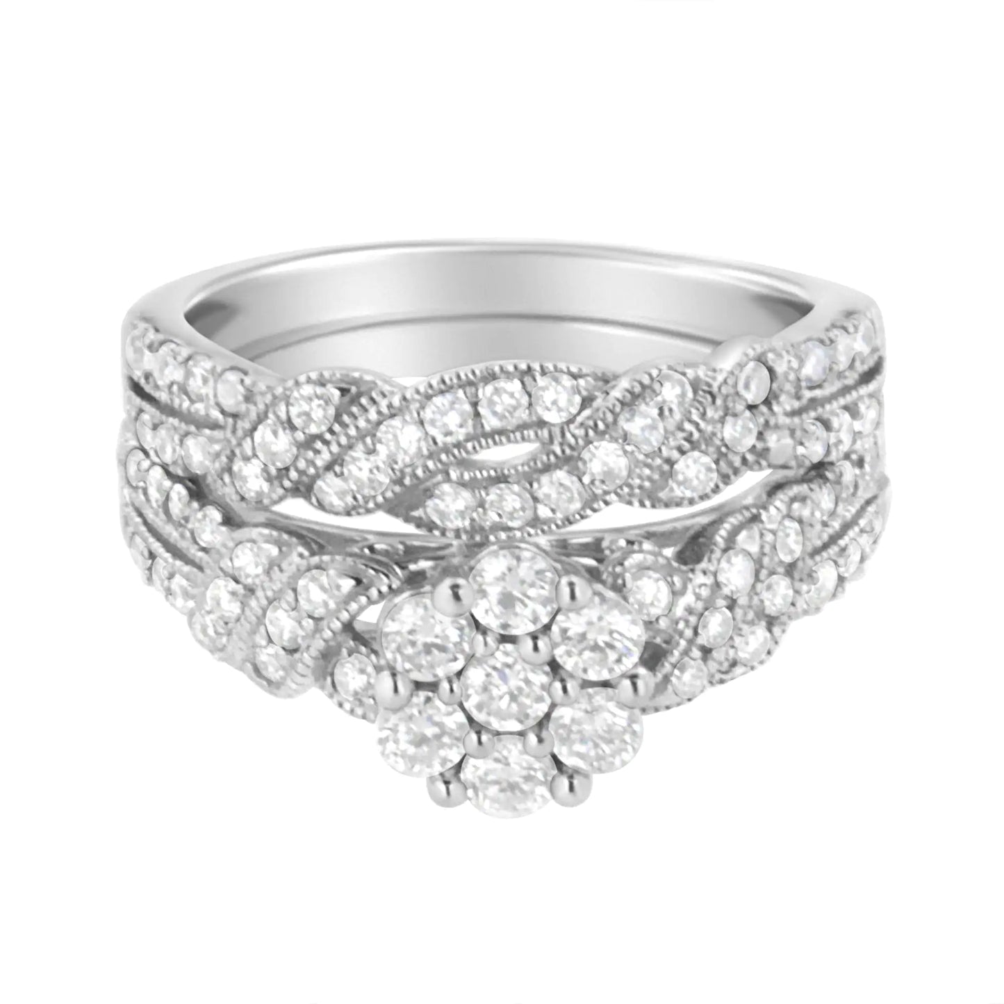 Sterling Silver  Lab Grown Diamond Engagement Ring and Band SetCelebrate your love with this stunning 1 ct. t.w. engagement ring and band set, designed to captivate with its elegant braided silver bands and a dazzling floral diaSterling Silver Lab Grown Diamond Engagement RingSterling Silver Lab Grown Diamond Engagement Ring