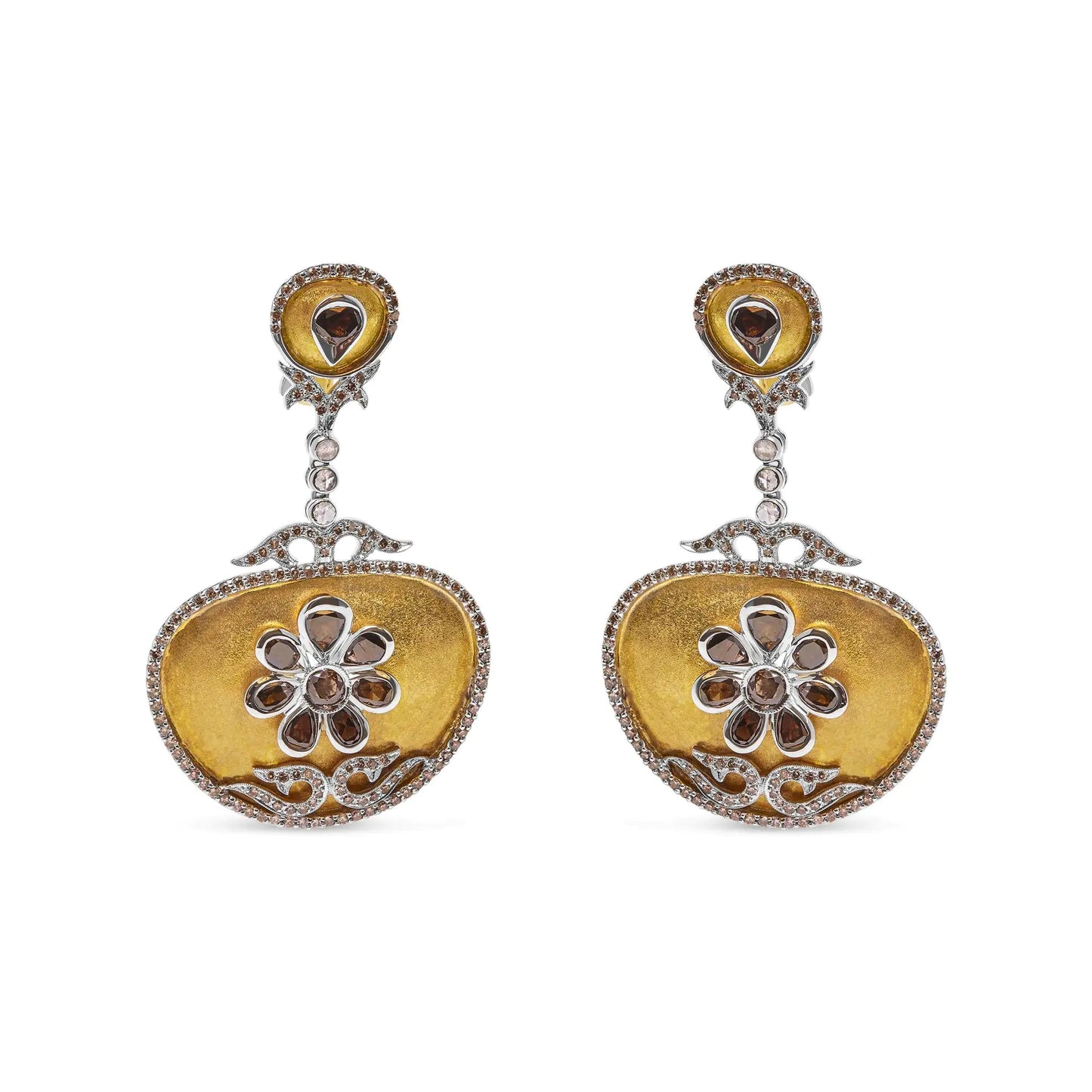 14K white and yellow gold medallion dangle earrings with 5 1/4 CTTW rose-cut diamonds.