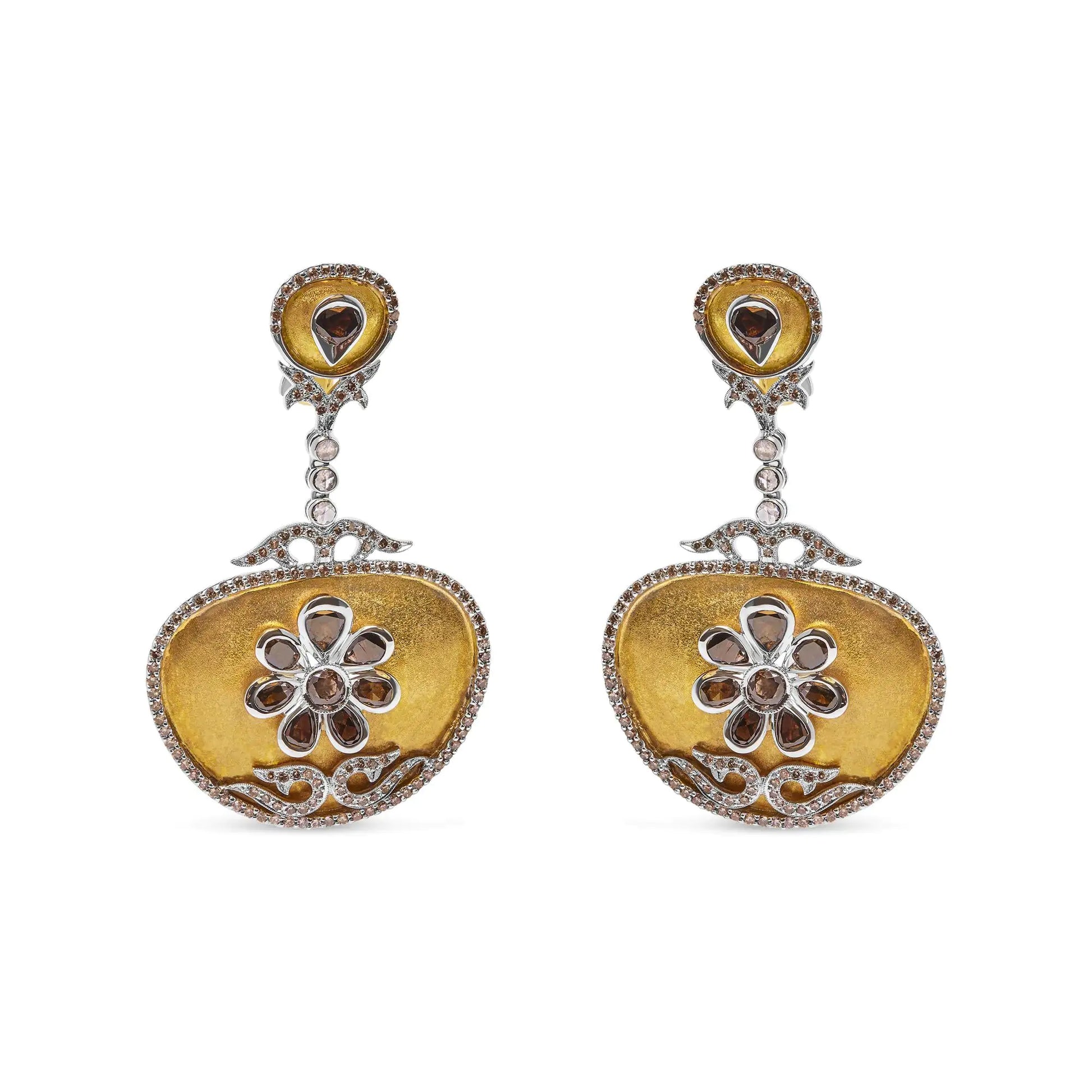 14K white and yellow gold medallion dangle earrings with 5 1/4 CTTW rose-cut diamonds.