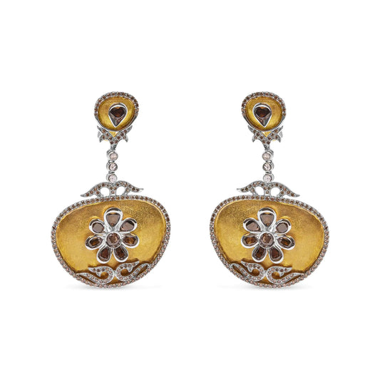 14K white and yellow gold medallion dangle earrings with 5 1/4 CTTW rose-cut diamonds.