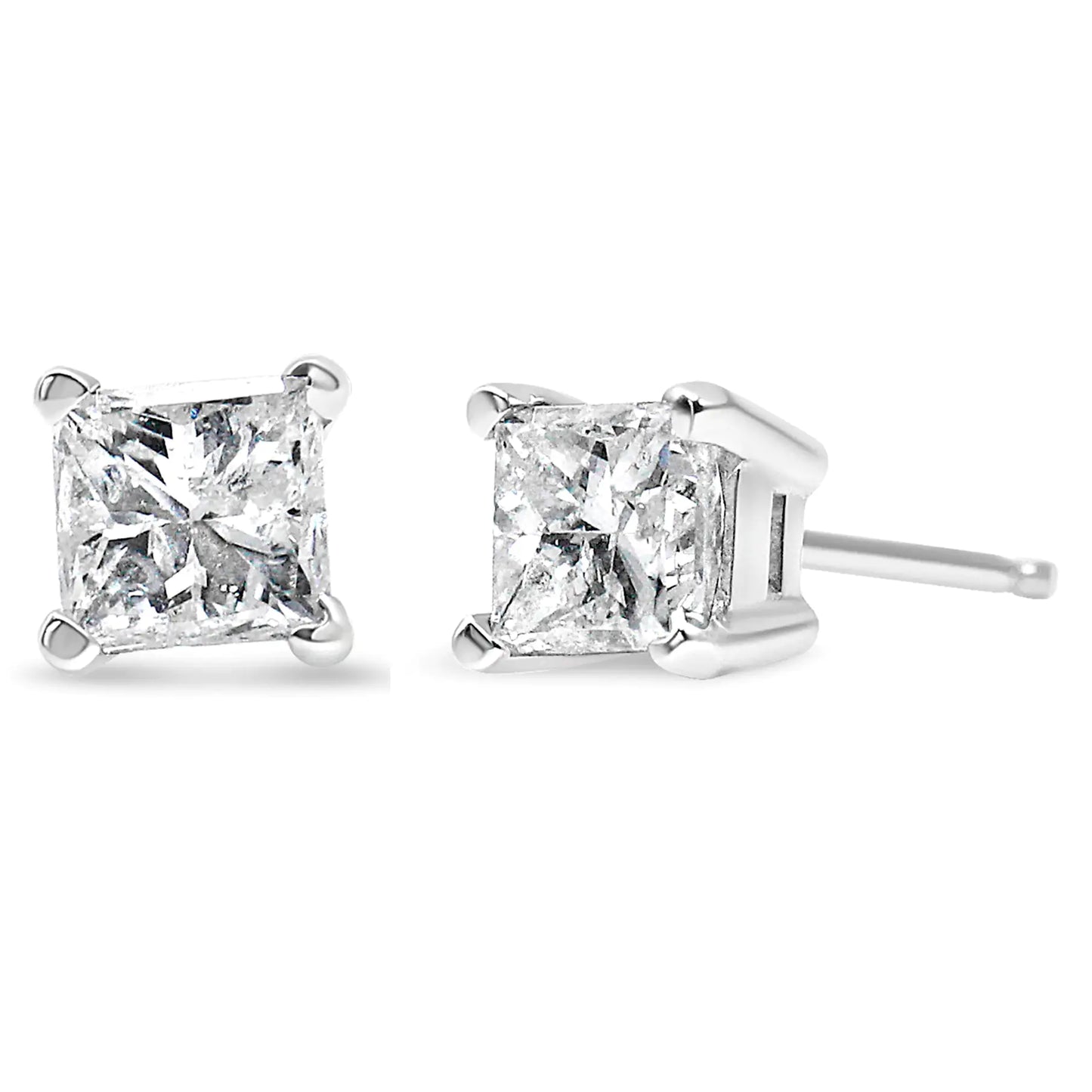 14K white gold princess-cut diamond stud earrings, 0.50 CTTW.