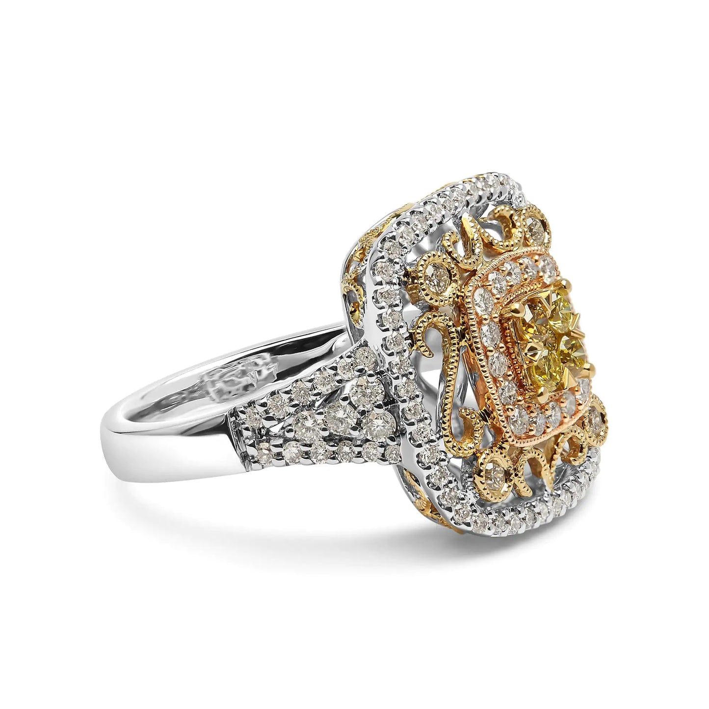 14K Tri-Toned Gold 1.00 Cttw Yellow Diamond Halo and Milgrain CocktailIntroducing a dazzling masterpiece, this 14K Tri-Toned Gold Cocktail Cluster Ring is a breathtaking piece that will leave you spellbound. Crafted with love from 14K 14K Tri-Toned Gold 114K Tri-Toned Gold 1