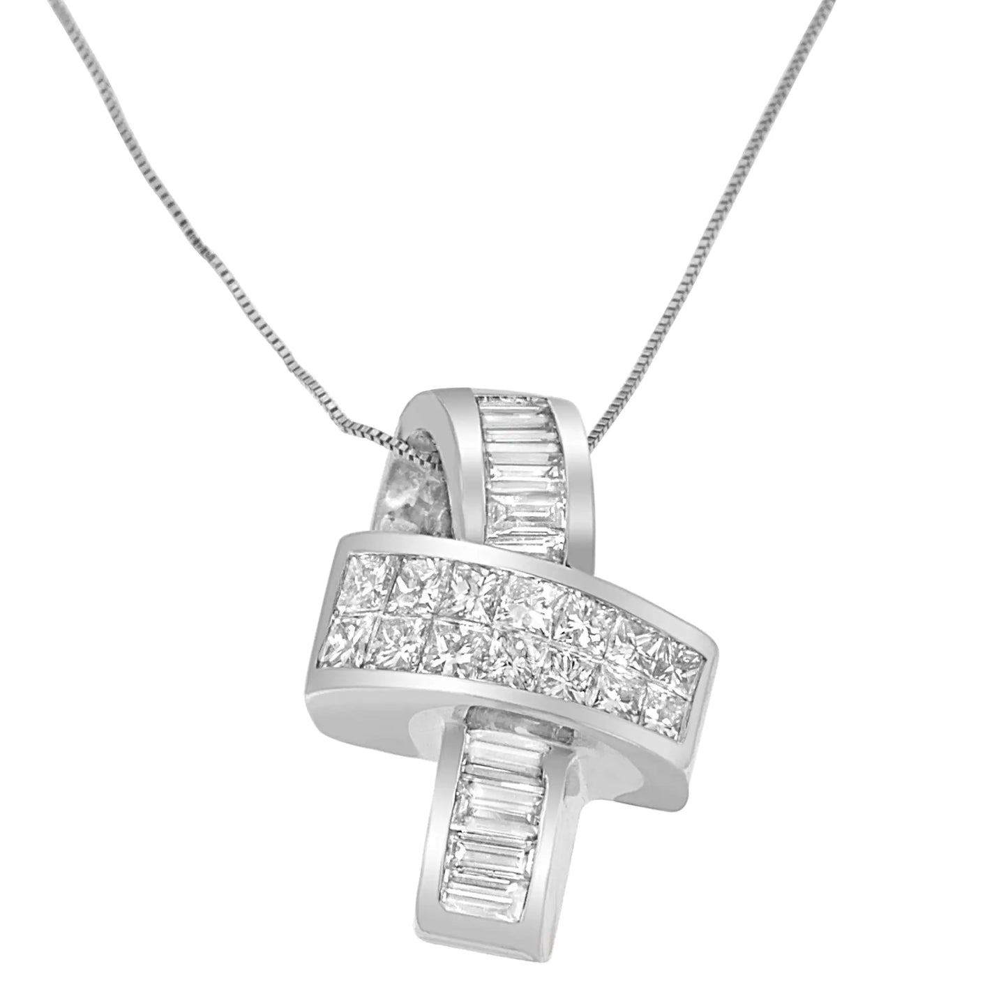 14K White Gold 2 cttw Princess and Baguette Cut Diamond Ribbon PendantGirly meets glamorous! A sprinkling of princess and baguette cut diamonds beautifully dot this radiant, ribbon-shaped pendant, which is set in 14 karat white gold to14K White Gold 2 cttw Princess14K White Gold 2 cttw Princess