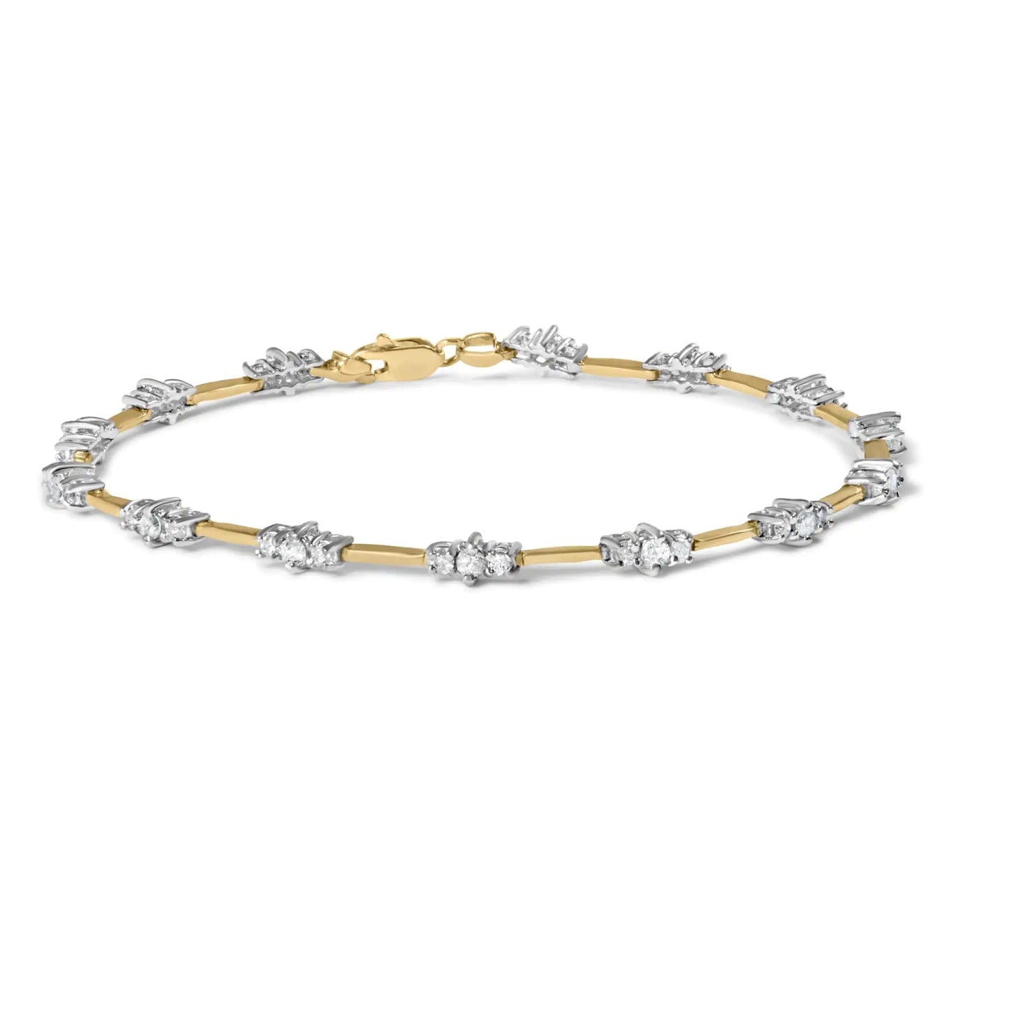 10K Yellow Gold Diamond Tennis Bracelet, Classic 3-Stone Design, 1.0 Carat.