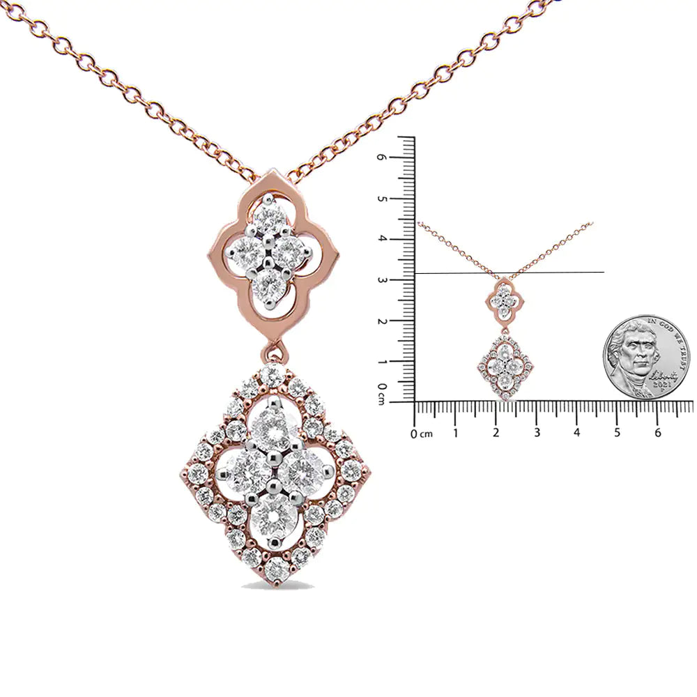 14K Rose Gold 3/4 Cttw Round Diamond Double Quatrefoil Pendant 18" NecAccent your outfits with this exquisite diamond pendant necklace. This geometrically-inspired pendant features two unique quatrefoil designs. The top quatrefoil feat14K Rose Gold 34 Cttw Round Diamond Double Quatrefoil Pendant 18" Necklace 14K Rose Gold 34 Cttw Round Diamond Double Quatrefoil Pendant 18" Necklace 