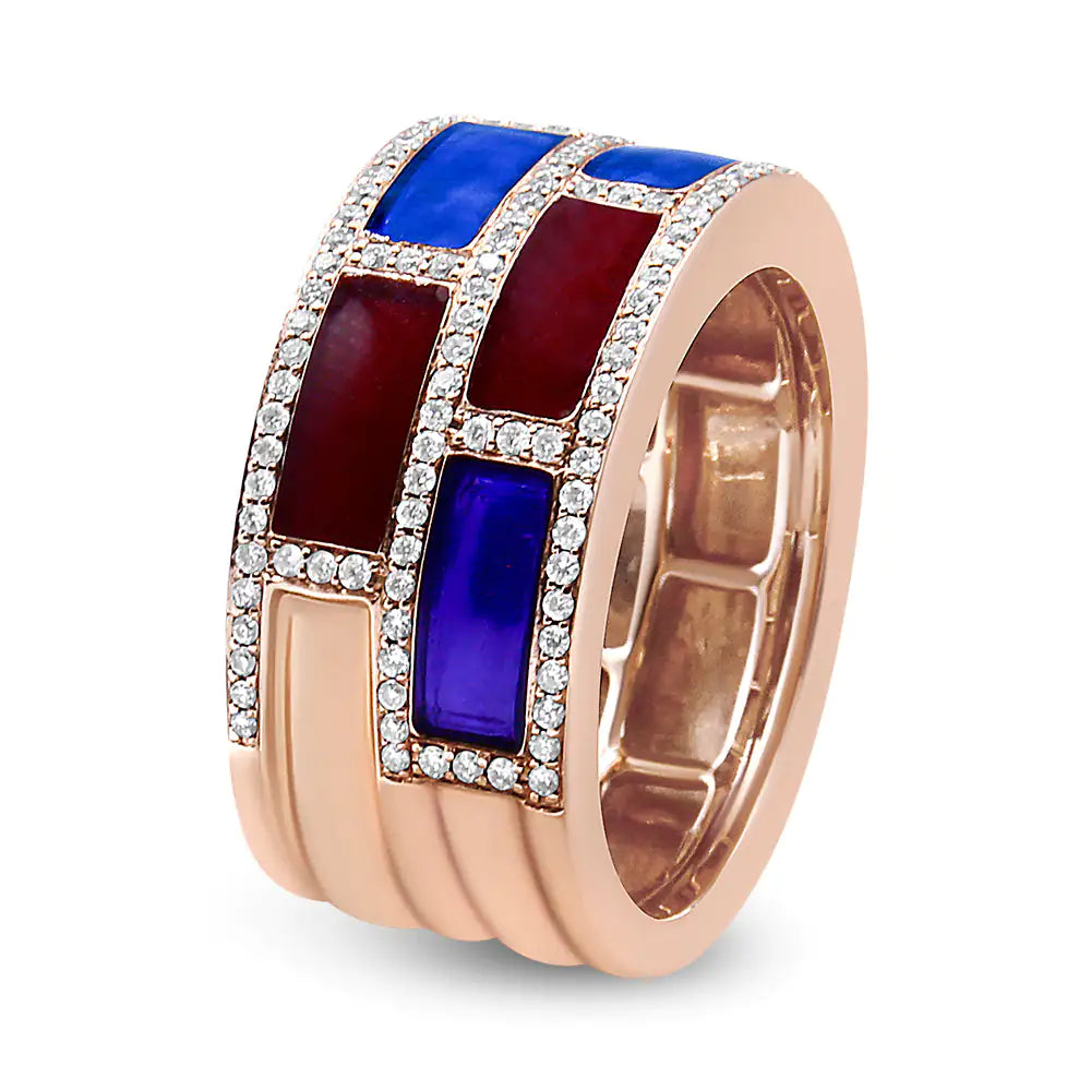 18K Rose Gold Alternating Red and Blue Enamel and 1/2 Cttw Diamond StuBold, bright and beautiful! This contemporary diamond and enamel ring is hand-crafted in Thailand and is truly a one-of-a-kind treasure. This band is crafted from wa18K Rose Gold Alternating Red18K Rose Gold Alternating Red