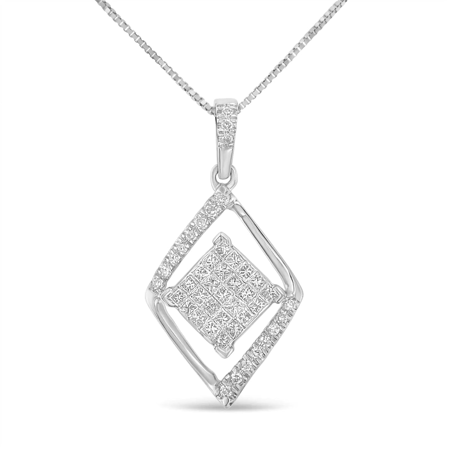 10k white gold double triangle diamond pendant necklace with 18" chain.