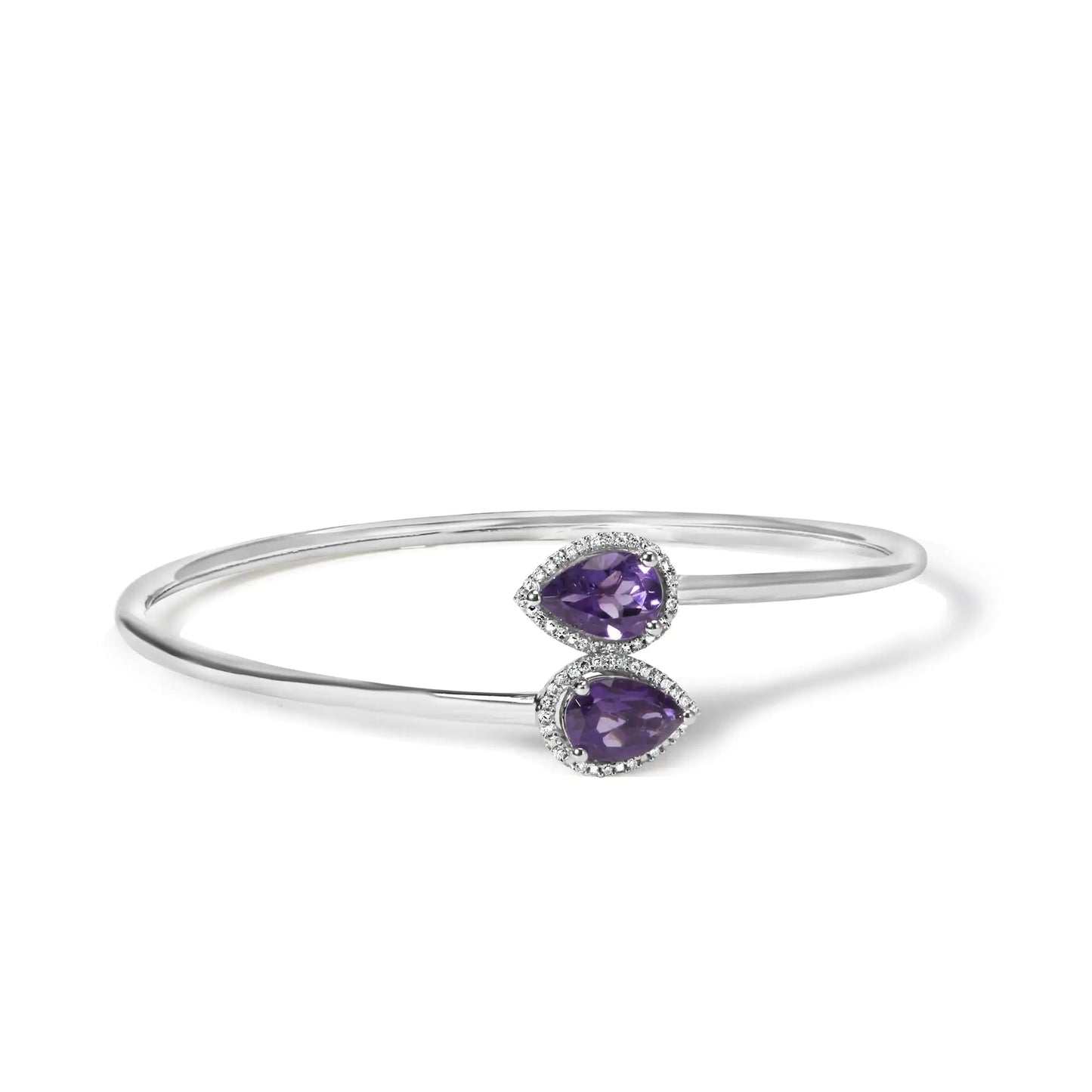 Sterling silver bangle bracelet with pear-shaped amethyst and diamond accents.