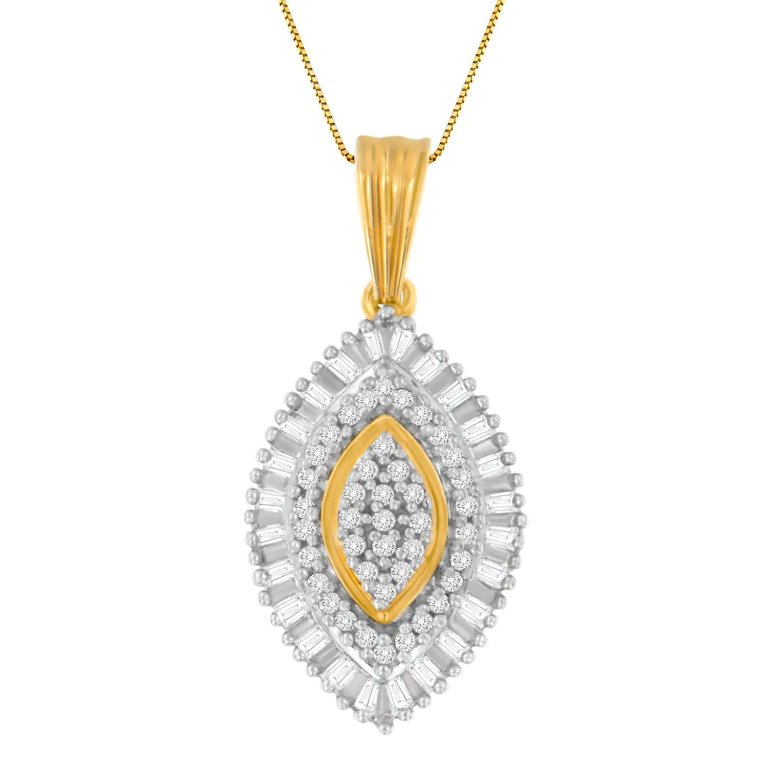 10K Yellow Gold Multi-Cut Diamond Golden Burst Halo Pendant Necklace (Undeniably unique, this flawless pendant features a flash of yellow gold and half a carat of round and baguette cut diamonds circling around and at the center, creat10K Yellow Gold Multi-Cut Diamond Golden Burst Halo Pendant Necklace 0Necklaces10K Yellow Gold Multi-Cut Diamond Golden Burst Halo Pendant Necklace 0