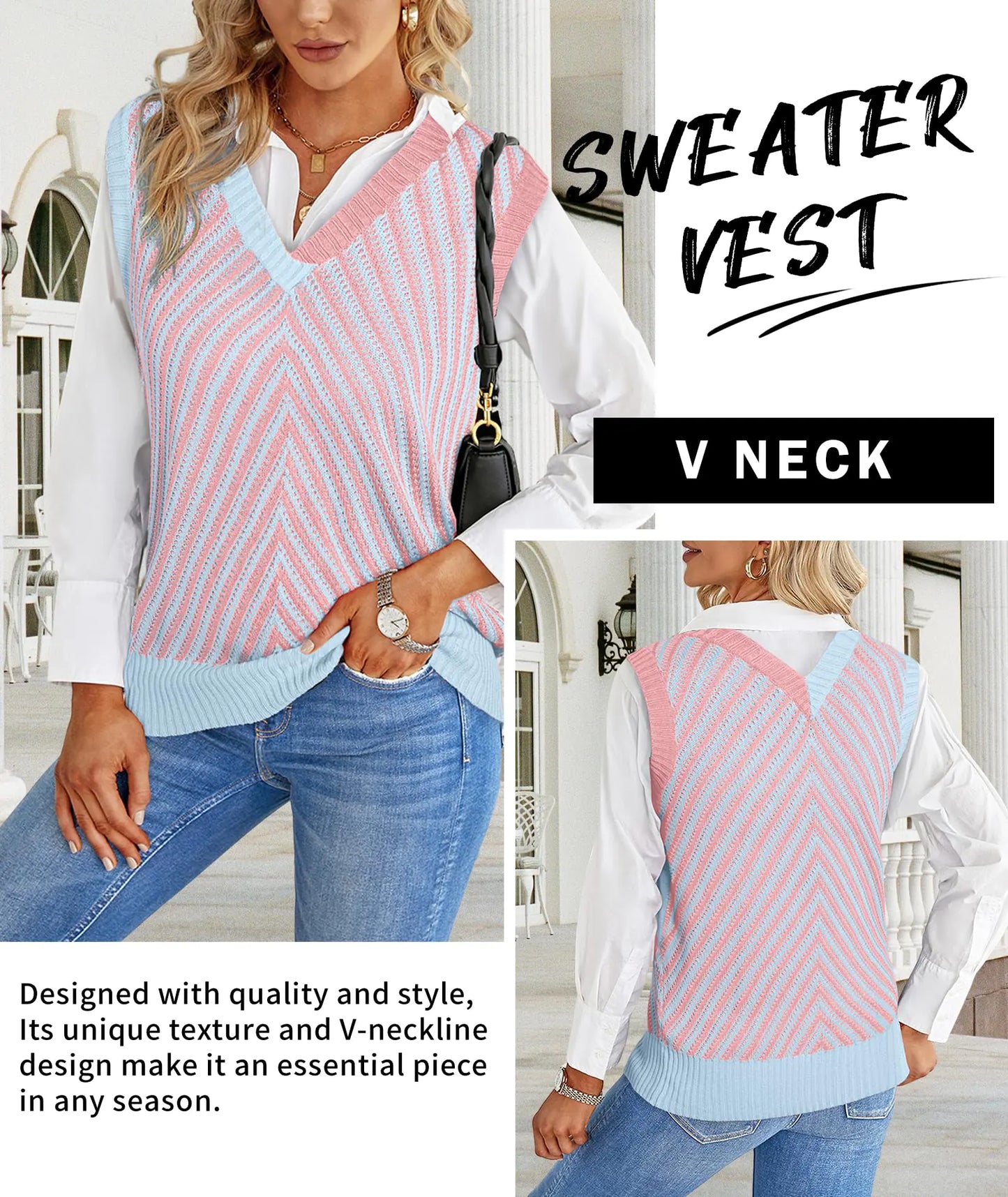 MARZXIN Womens Sleeveless Sweater V Neck Casual Strawberry Pink ContraAdd a playful touch to your wardrobe with the MARZXIN Women's Sleeveless V-Neck Sweater Vest. Featuring a vibrant strawberry pink and blue chevron knit design, this Neck Casual Strawberry Pink Contrast Chevron KnitSweatersNeck Casual Strawberry Pink Contrast Chevron Knit