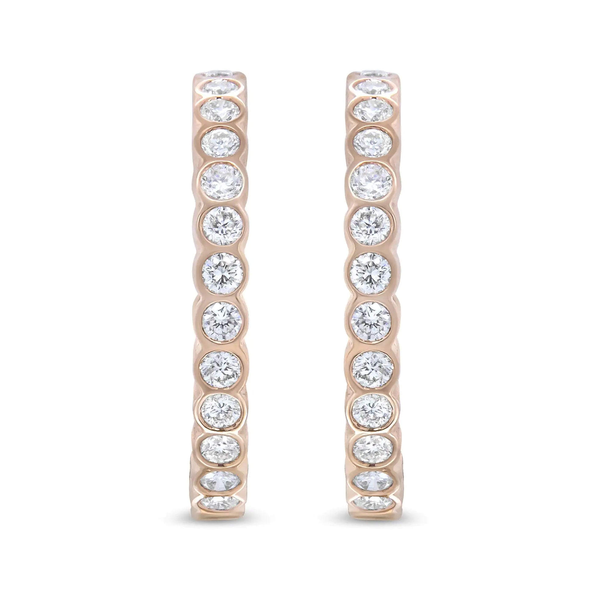 18K Rose Gold 1 Cttw Round Bezel-Set Diamond Hoop Earrings (F-G Color,Every detail of this pair of 18k rose gold hoop earrings is crafted to perfection for a sparkling and captivating style that that is eminently wearable. A gorgeous a18K Rose Gold 1 Cttw Round Bezel-Set Diamond Hoop Earrings 18K Rose Gold 1 Cttw Round Bezel-Set Diamond Hoop Earrings 