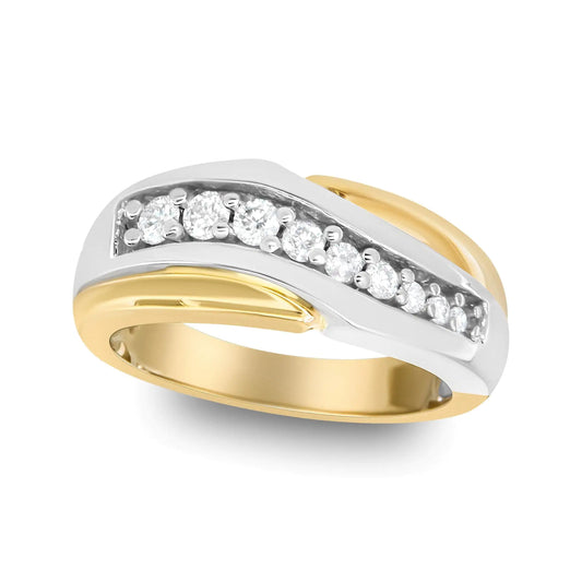 14K yellow and white gold men's band with round-cut diamonds, size 10.