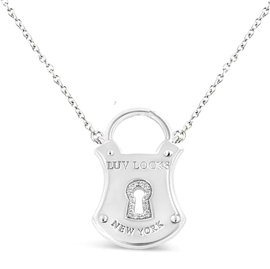 Sterling Silver Diamond Lock Pendant 18" Necklace with Round Prong-Set Diamonds