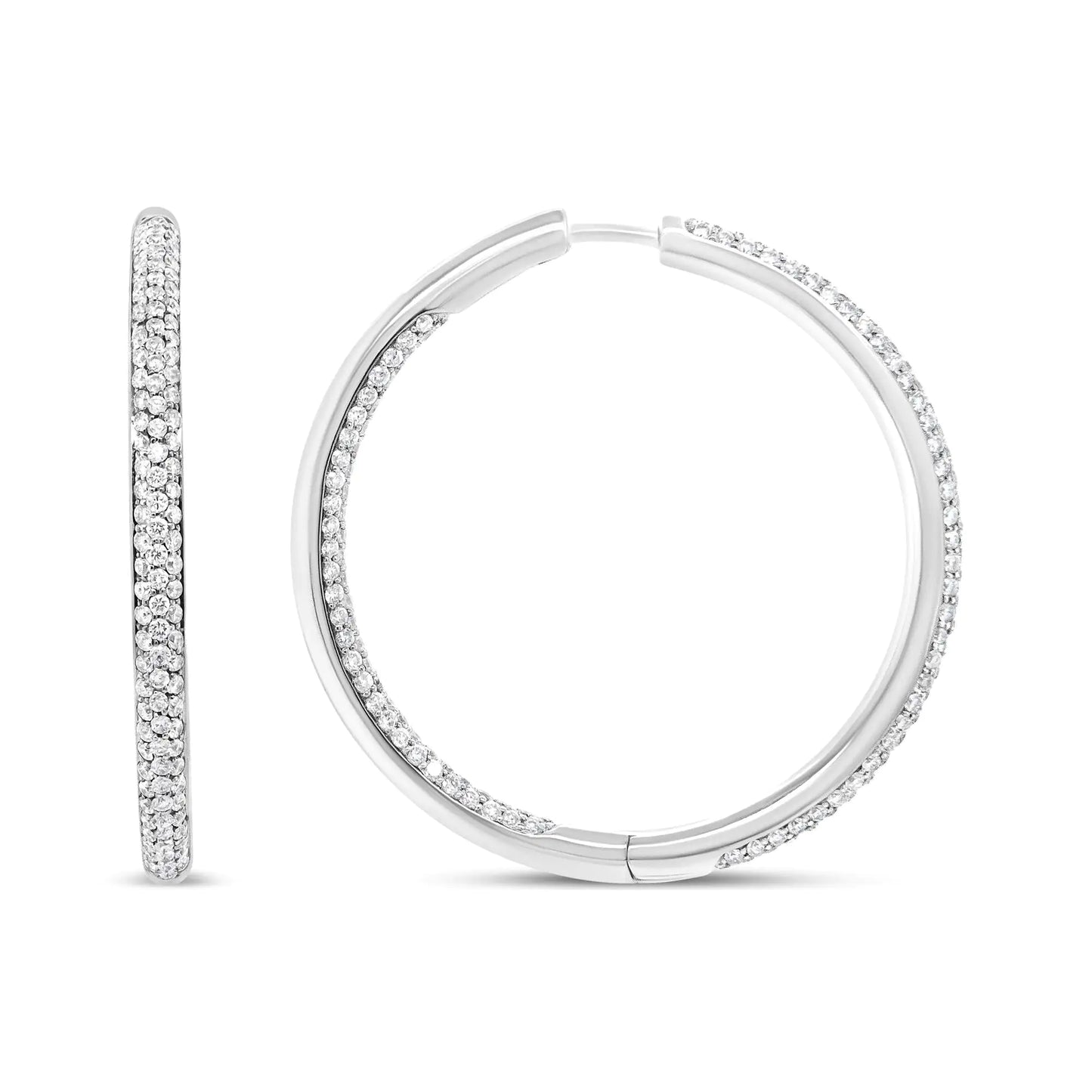 18K white gold round-cut diamond hoop earrings with inner-outer sparkle, 2.00 cttw.