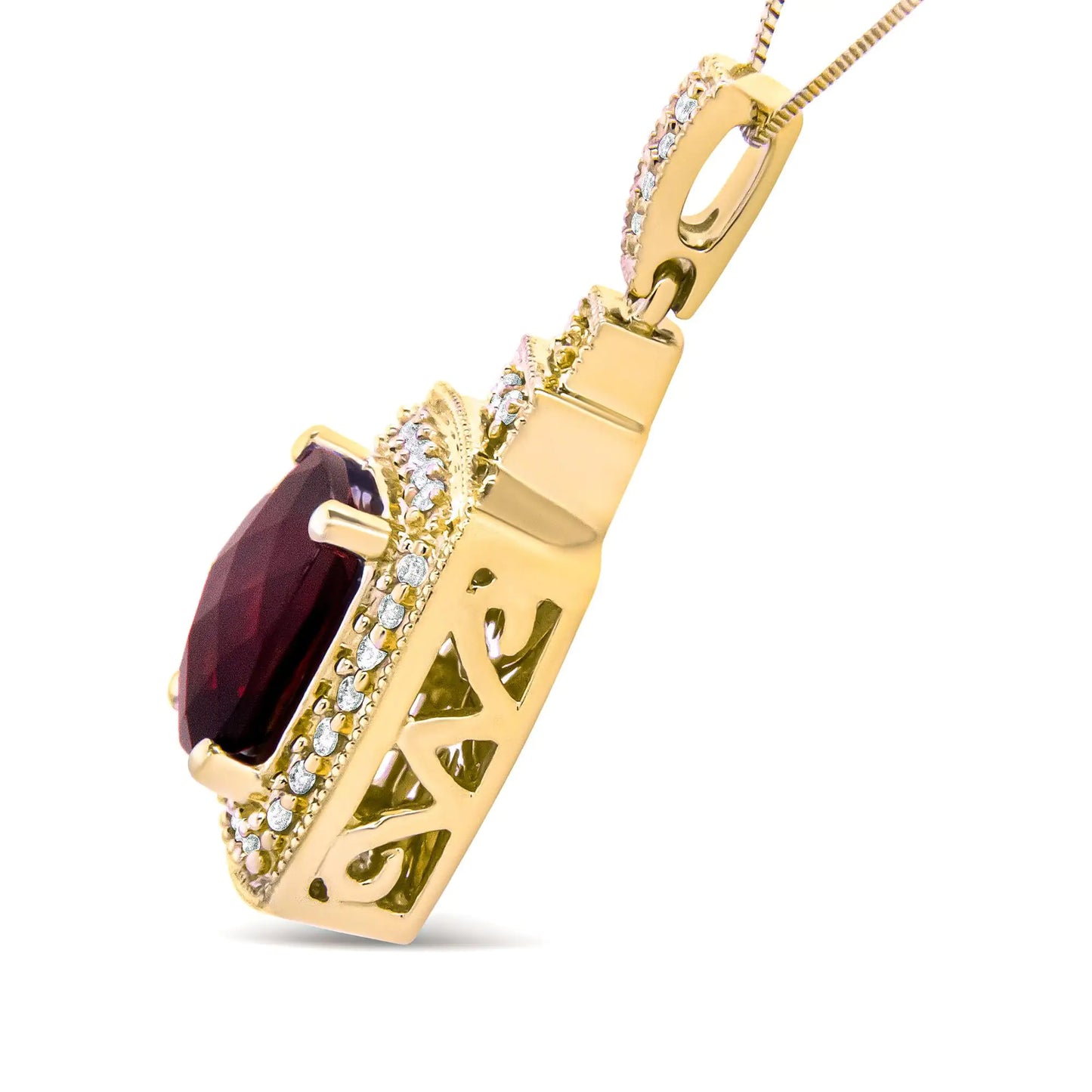 14K Yellow Gold 1/5 Cttw Round Diamond and 9x7mm Cushion Cut Red GarneThis 14k yellow gold pendant necklace is alive with feminine energy and grace, emboldened by a stunning checkerboard-cut red garnet centerpiece in a prong setting. T14K Yellow Gold 15 Cttw Round Diamond14K Yellow Gold 15 Cttw Round Diamond