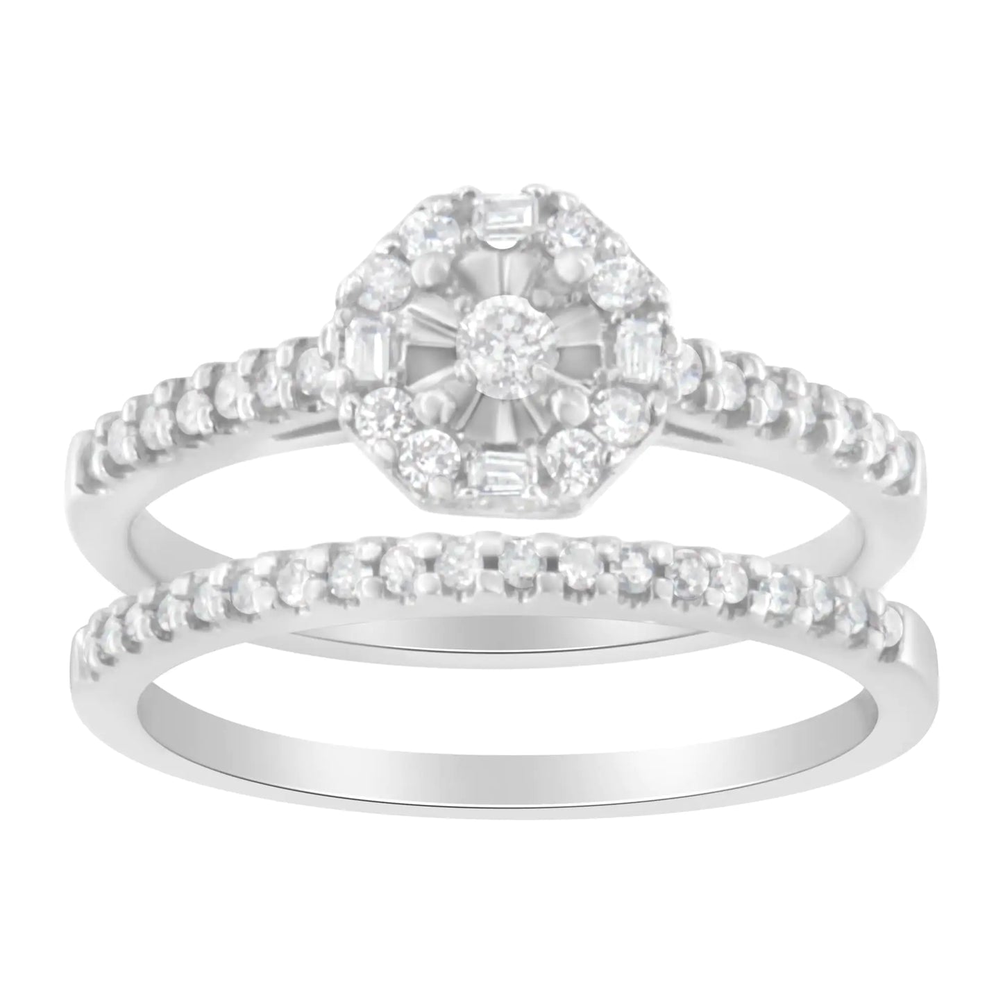 10K white gold diamond engagement ring and wedding band set with round cut diamonds.