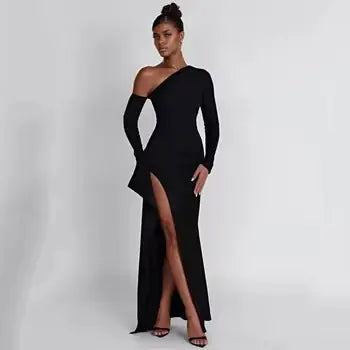 Slant Off-Shoulder High-Slit Evening DressIndulge in luxury and grace with our Slant Off-Shoulder High-Slit Evening Dress. The elegant slant neckline and daring high-slit create a striking silhouette, while SlantSlant