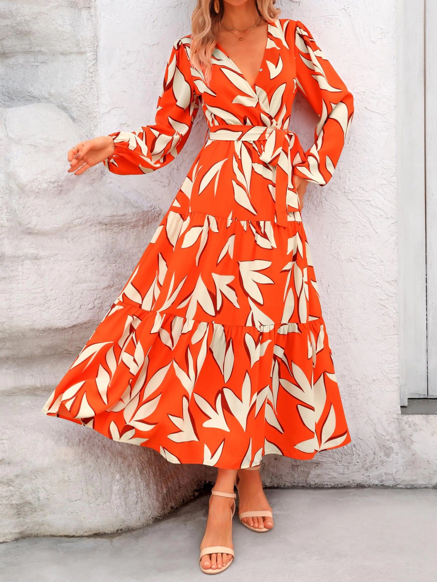 Womens Fall Long Sleeve Wrap V Neck Ruffle Floral Maxi Dress Casual Tie Waist Boho Chiffon Flowy Long Dresses