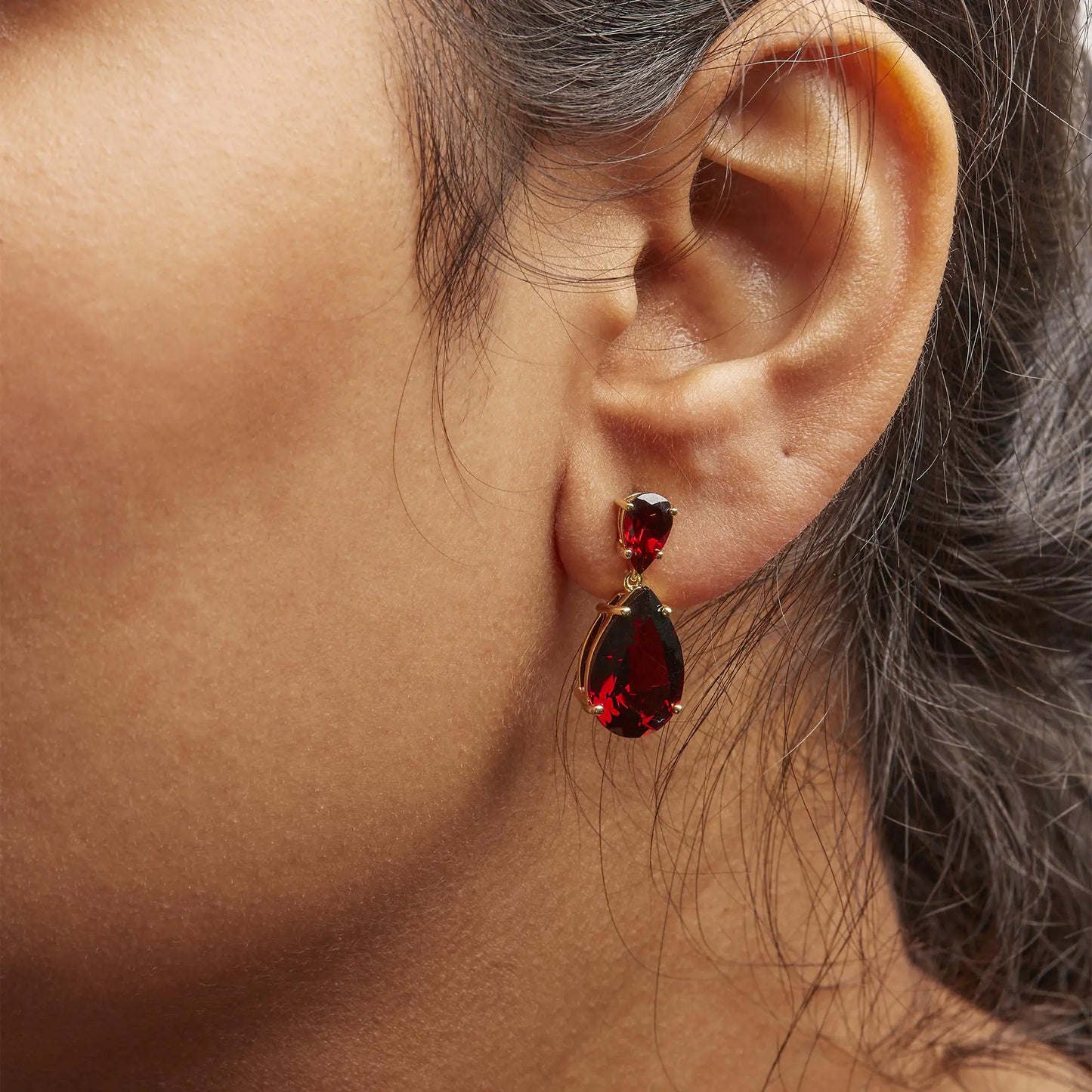 Red Garnet Drop Earrings for Women - 10K Gold Plated Sterling Silver