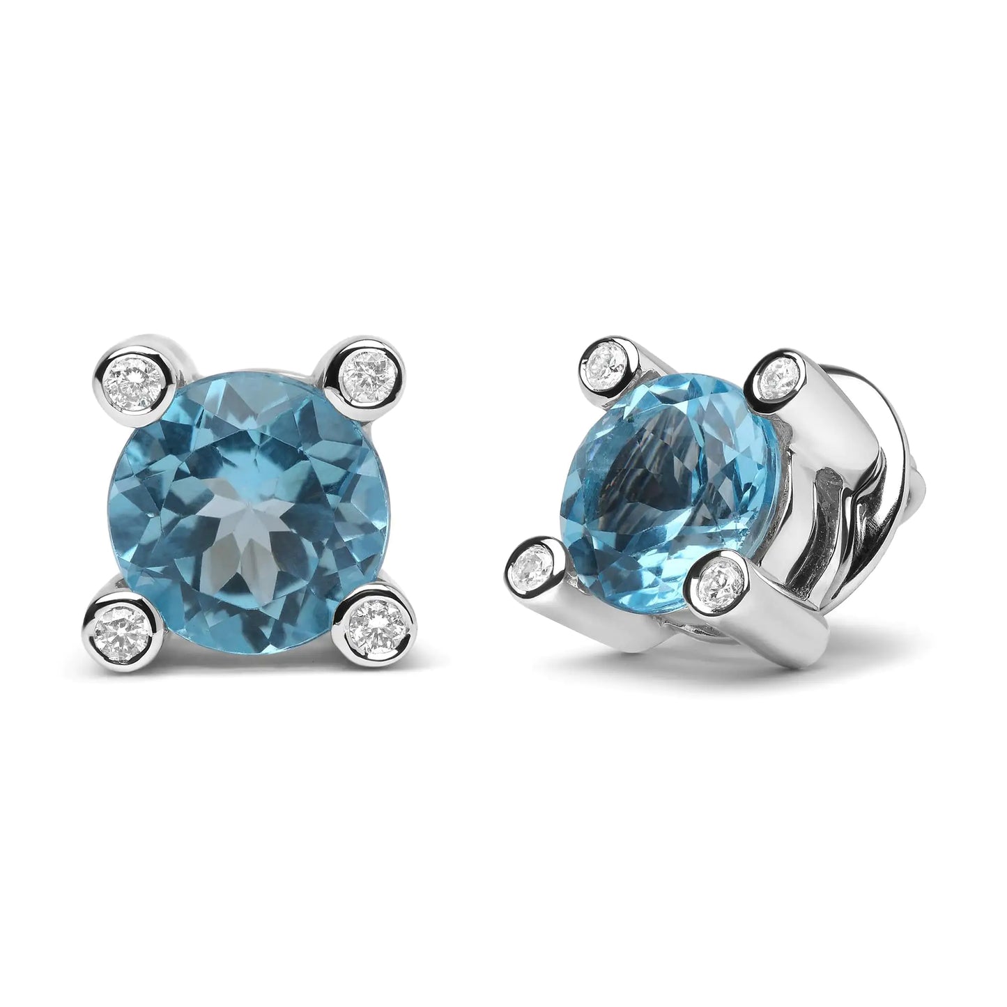 18K white gold stud earrings with 1/10 cttw round bezel diamond and 10x10mm sky blue topaz gemstone.