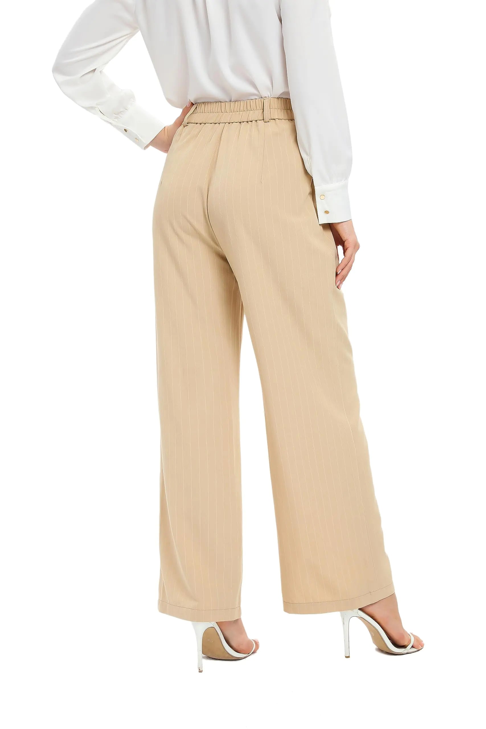 Women Office Wide High Waist Pants Loose Fit Elastic Waist Pleated Front Trousers for Work Casual Small Apricot (Stripe)