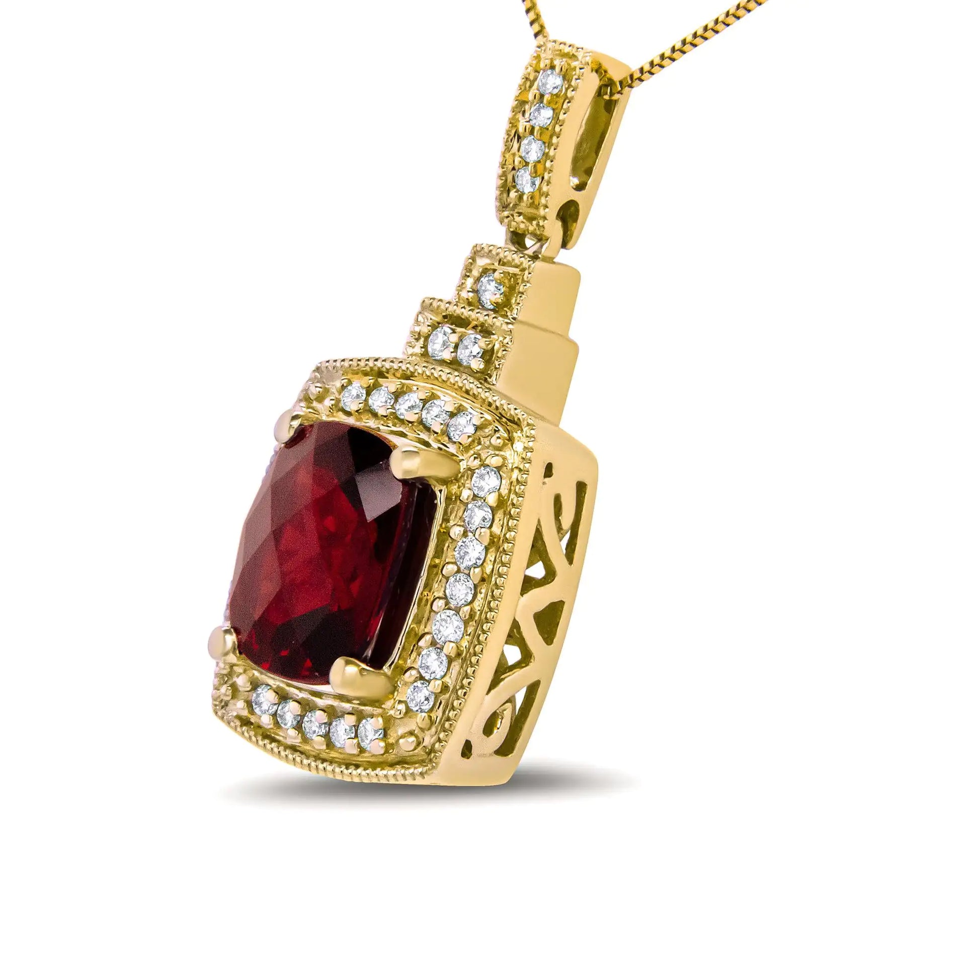 14K Yellow Gold 1/5 Cttw Round Diamond and 9x7mm Cushion Cut Red GarneThis 14k yellow gold pendant necklace is alive with feminine energy and grace, emboldened by a stunning checkerboard-cut red garnet centerpiece in a prong setting. T14K Yellow Gold 15 Cttw Round Diamond14K Yellow Gold 15 Cttw Round Diamond